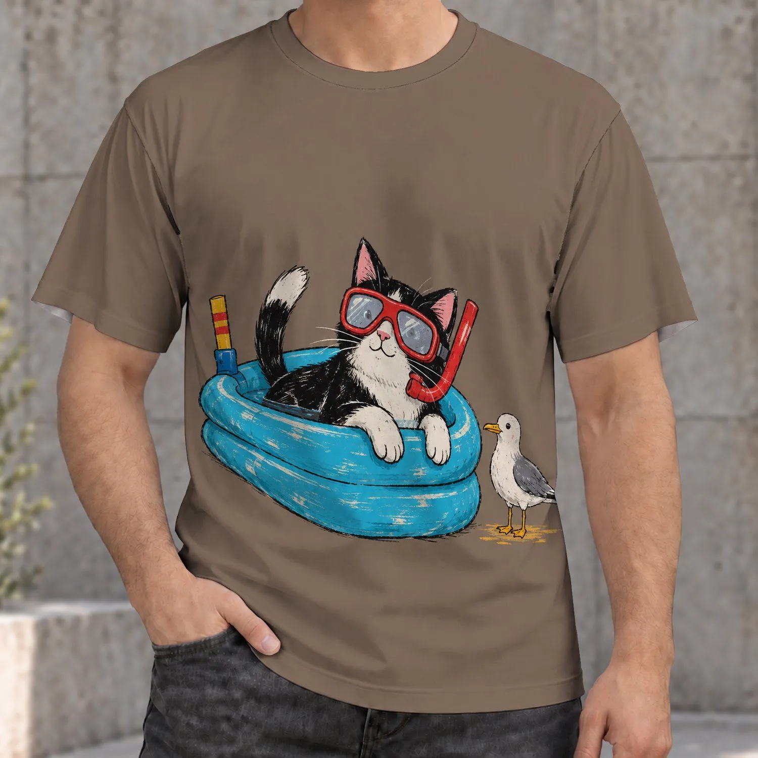 Goggle-Wearing Cat in a Pool with Seagull for Sunny Beach Days and Summer Getaways All-over Print Unisex T-shirt - 1