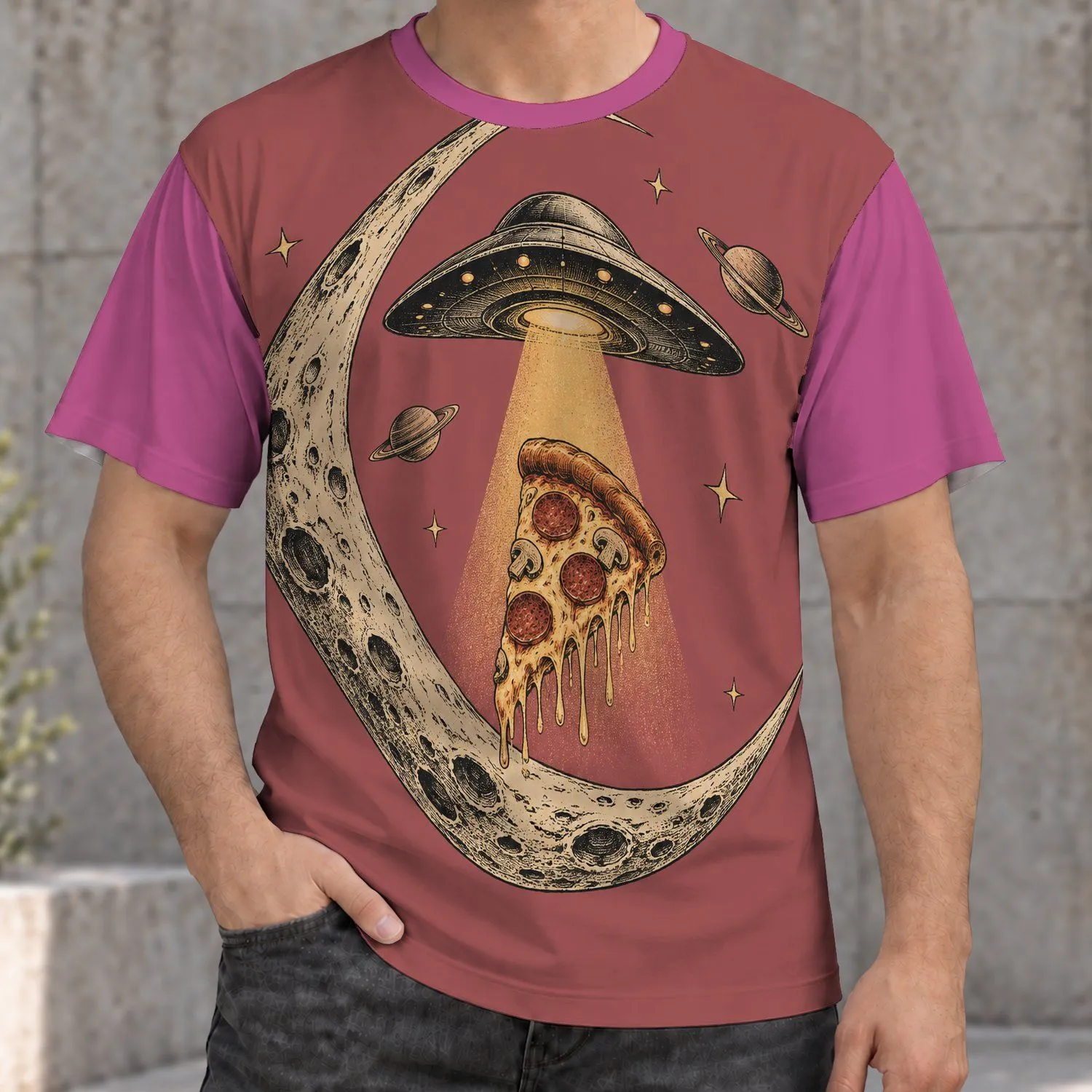 UFO Pizza Abduction and Crescent Moon for Quirky Everyday Style All-over Print Unisex T-shirt - 1
