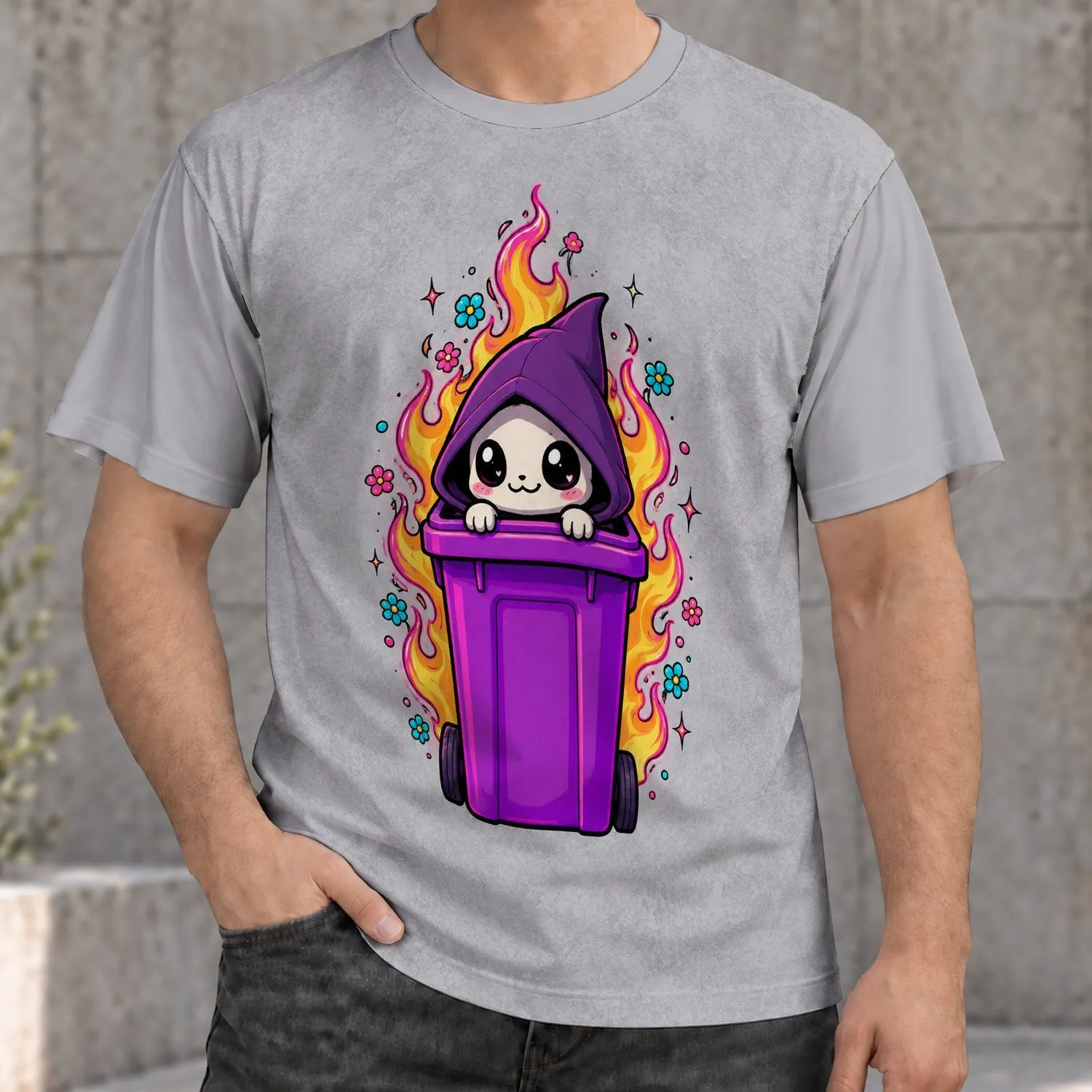 Purple Bin Creature With Flames For Playful Streetwear And Everyday Casual Outings For Teens All-over Print Unisex T-shirt - 1