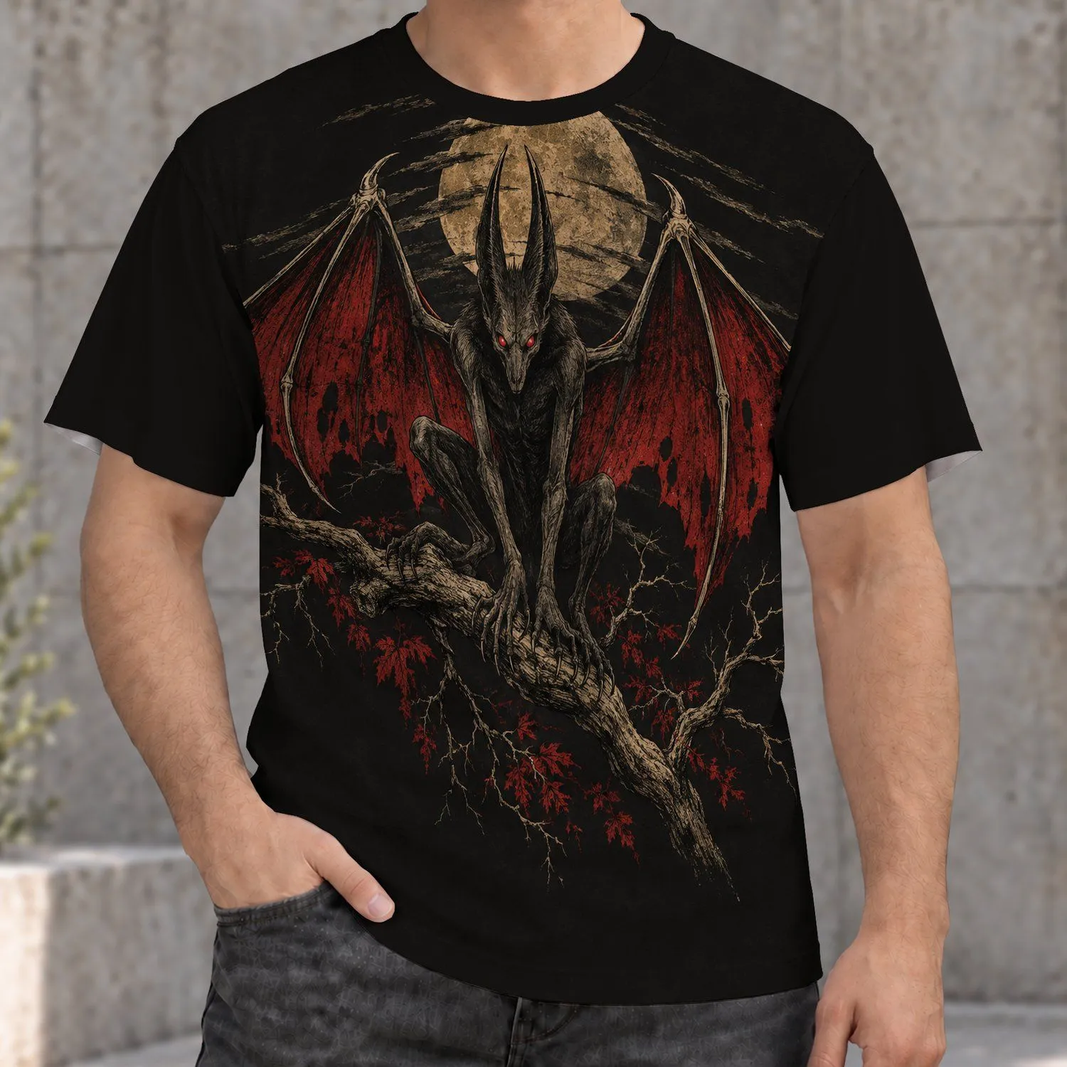 Winged Night Creature and Crimson Moon for Dark Casual Streetwear Fans All-over Print Unisex T-shirt - 1