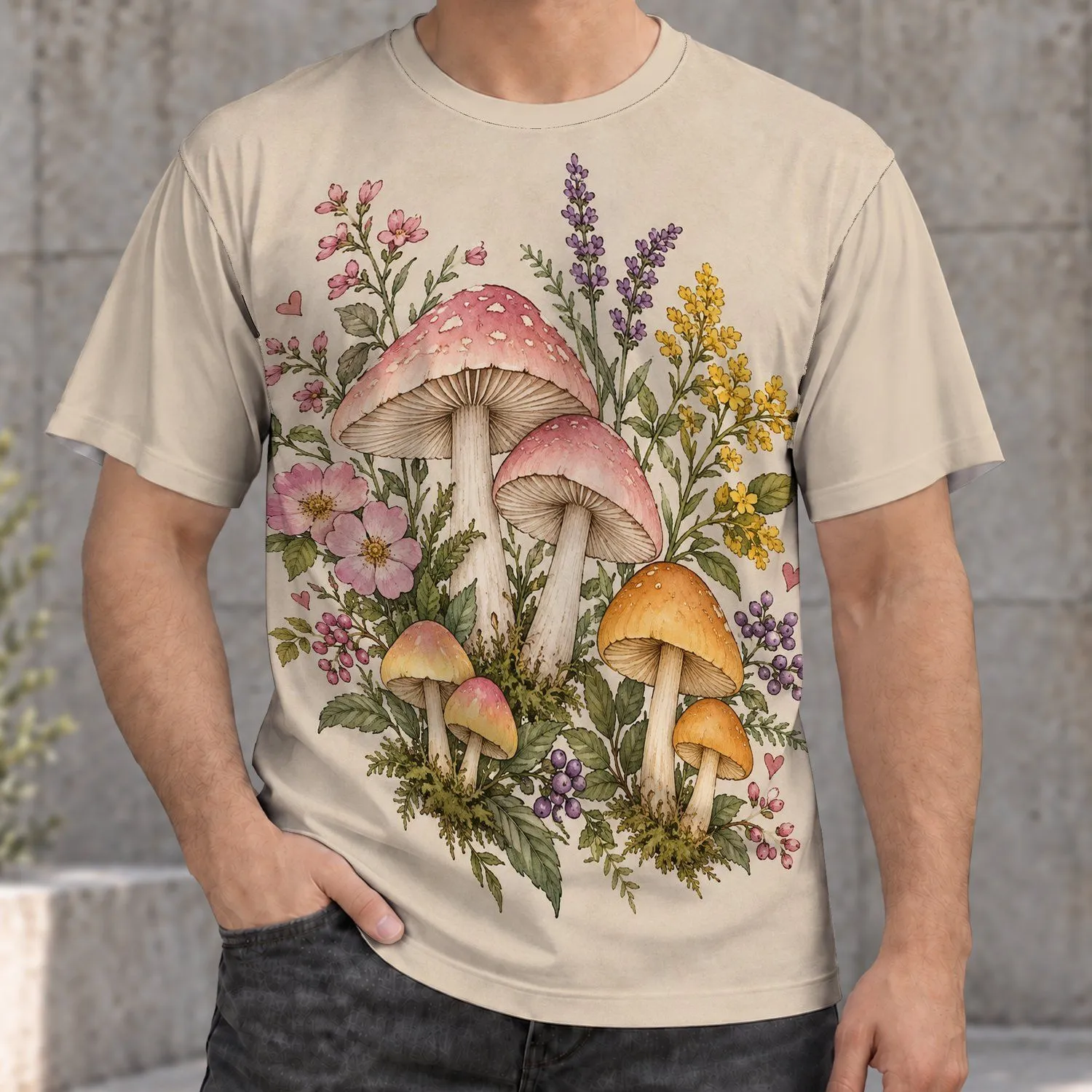 Mushroom and Wildflower Botanical Motifs for Nature Lovers and Cottagecore Style Fans All-over Print Unisex T-shirt - 1