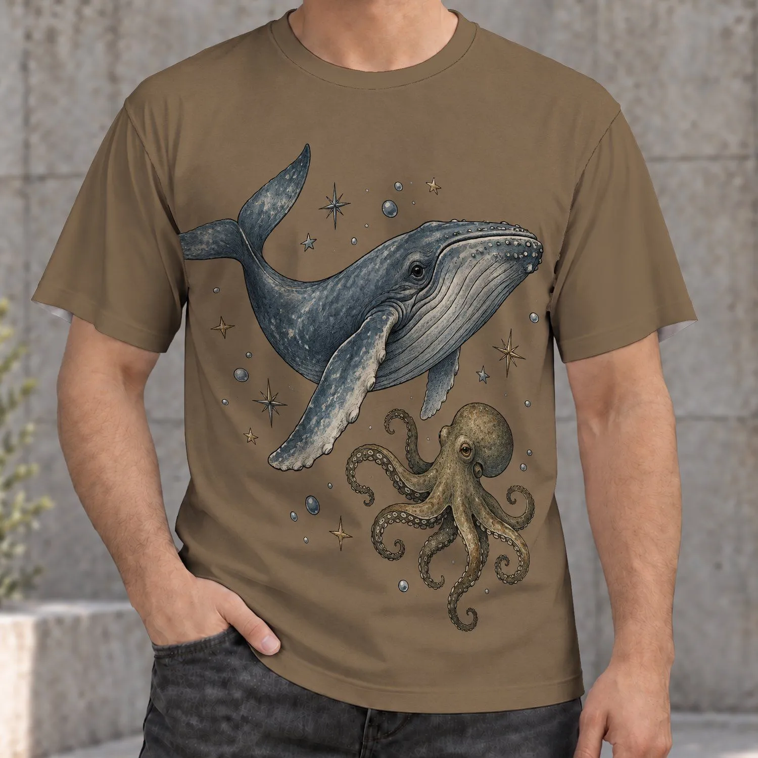 Whale And Octopus Under Starlit Skies For Ocean Lovers And Casual Adventures All-over Print Unisex T-shirt - 1