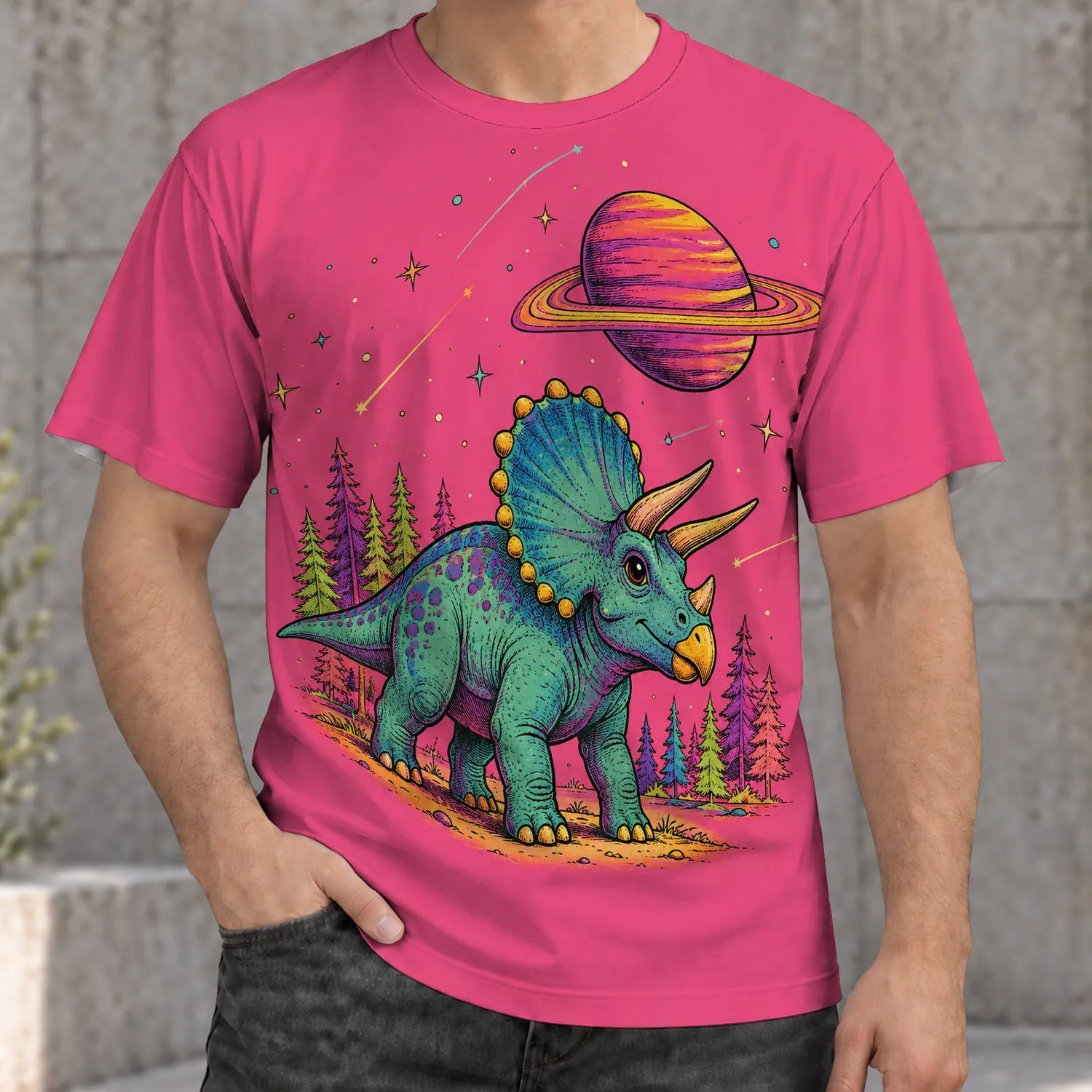 Horned Dinosaur and Ringed Planet Scene for Everyday Space Adventure Fans All-over Print Unisex T-shirt - 1