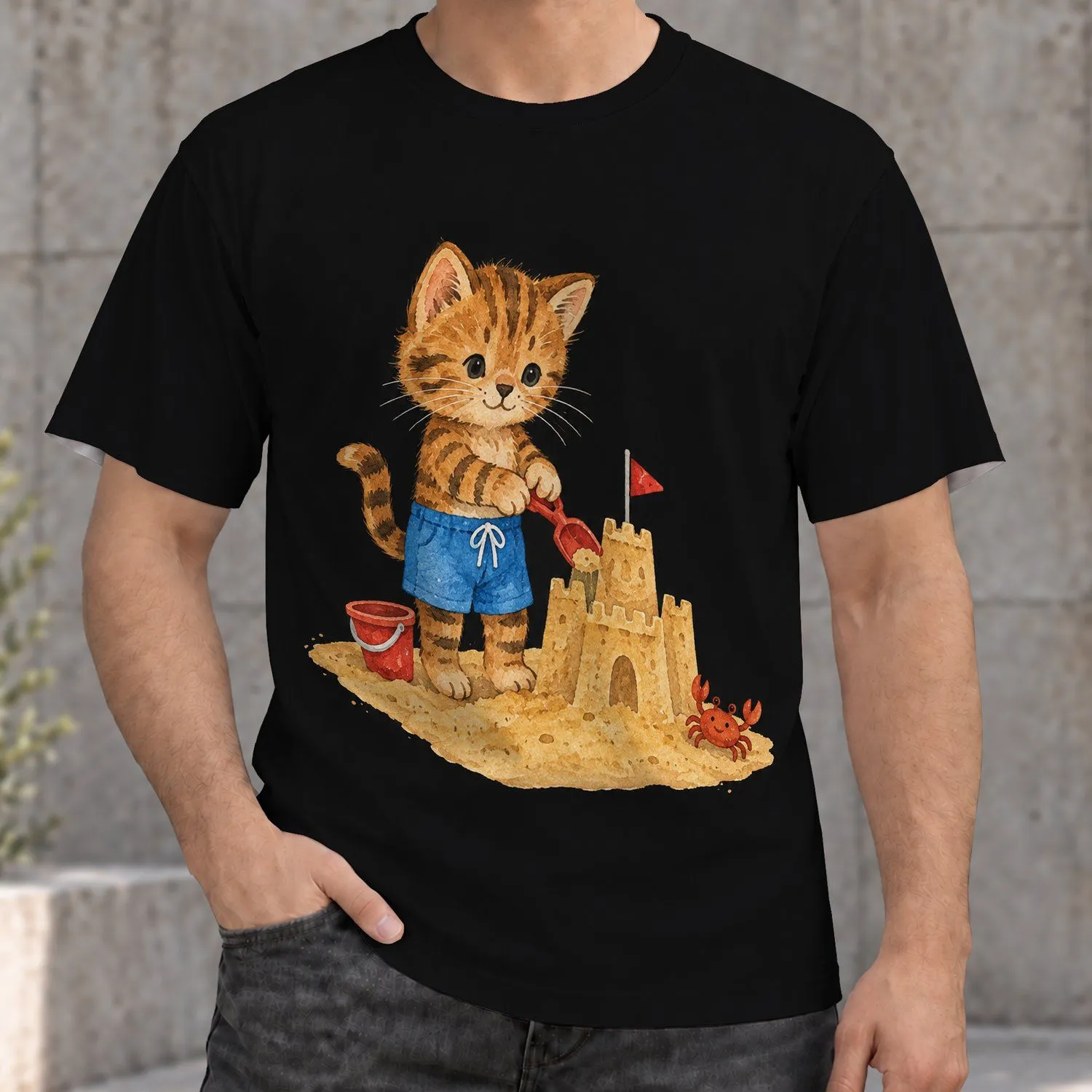 Tabby Cat Building a Sandcastle for Beach Days and Playful Everyday Wear All-over Print Unisex T-shirt - 1