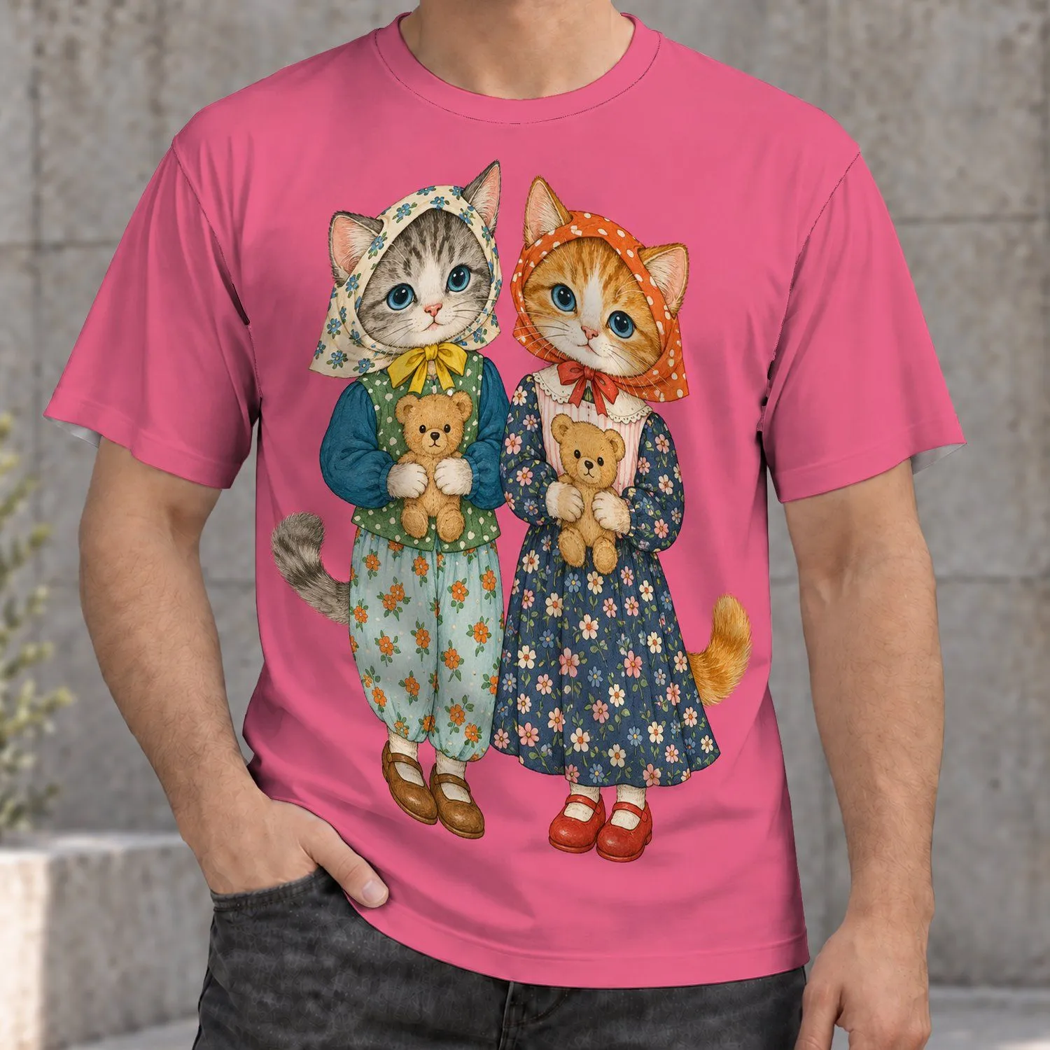 Whimsical Cat Duo With Teddy Bears for Cozy Everyday Wear and Cat Lovers All-over Print Unisex T-shirt - 1