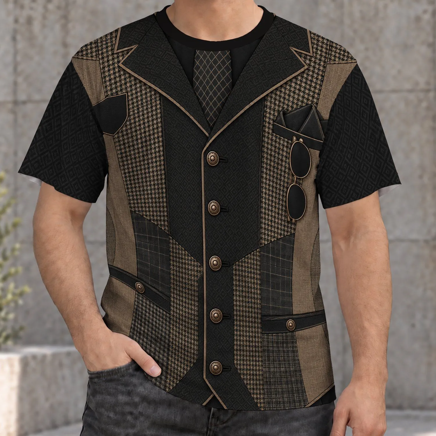 Tailored Plaid Patchwork Vest Look for Vintage-Inspired Streetwear Style All-over Print Unisex T-shirt - 1