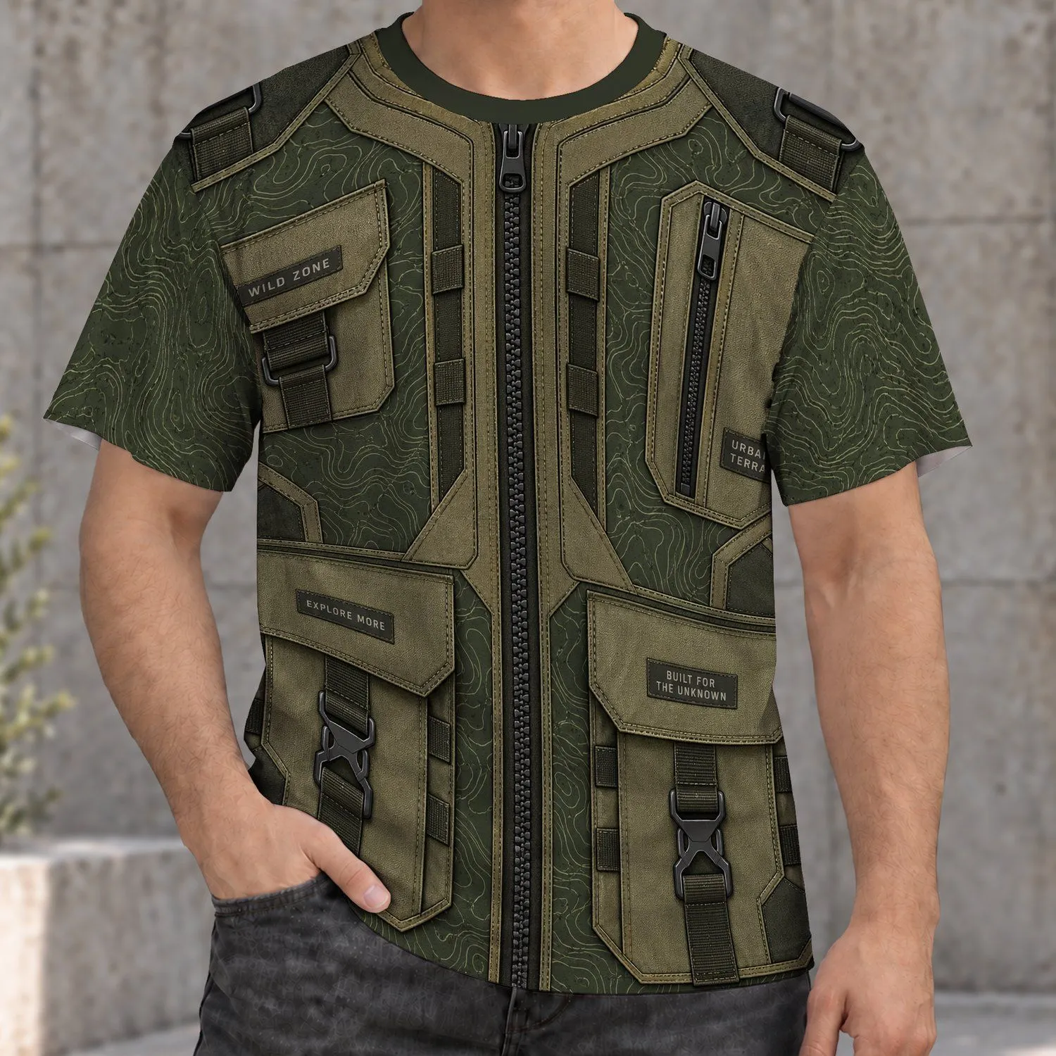 Olive Tactical Vest Look for Mountain Hiking and Outdoor Adventure Enthusiasts All-over Print Unisex T-shirt - 1