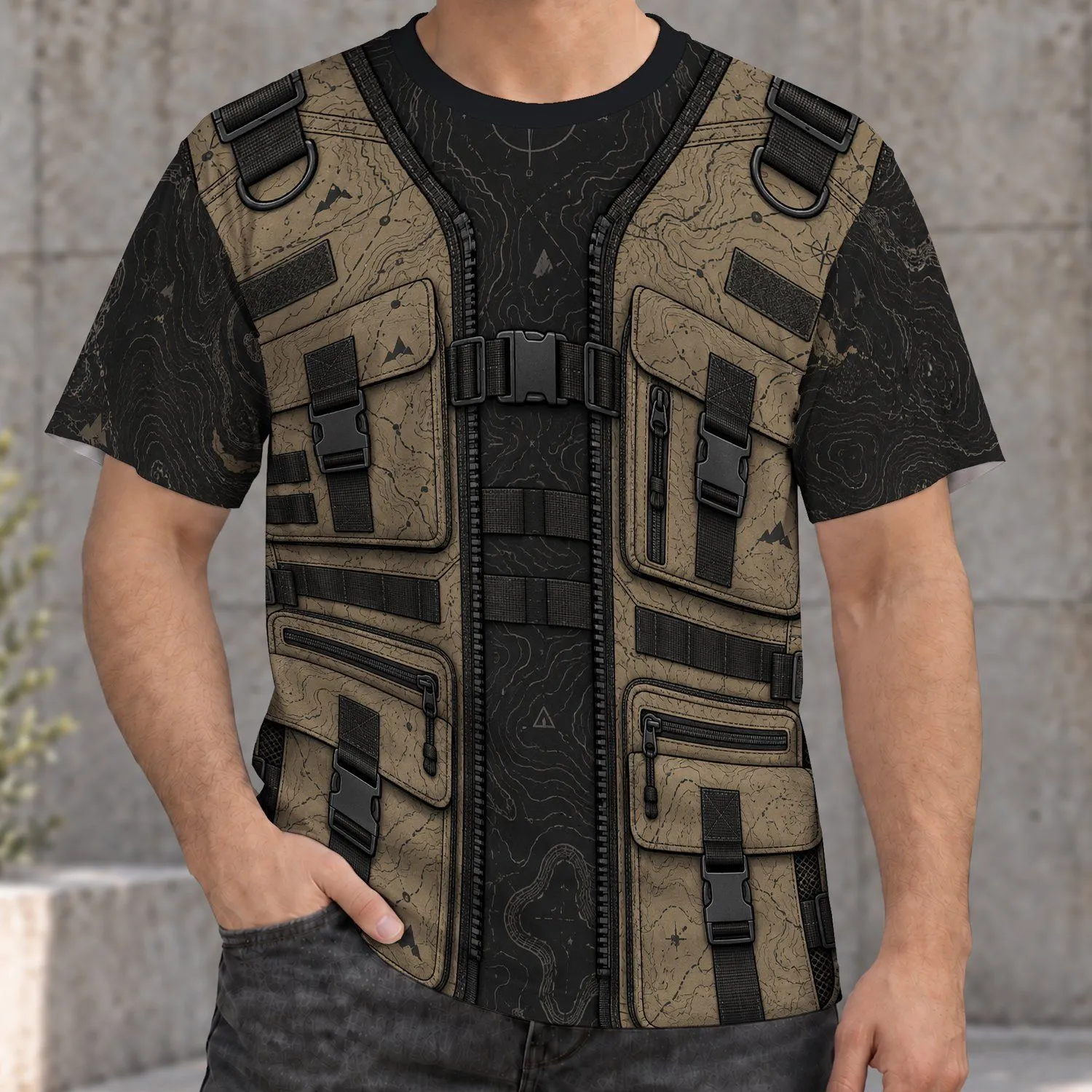 Khaki Utility Vest and Topographic Map for Outdoor Adventure Enthusiasts All-over Print Unisex T-shirt - 1