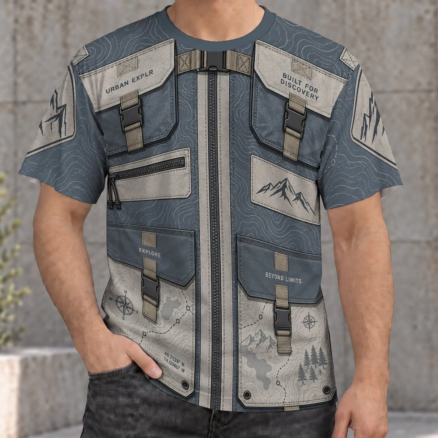 Faux Tactical Utility Vest With Topographic Maps For Hiking And Urban Exploration All-over Print Unisex T-shirt - 1