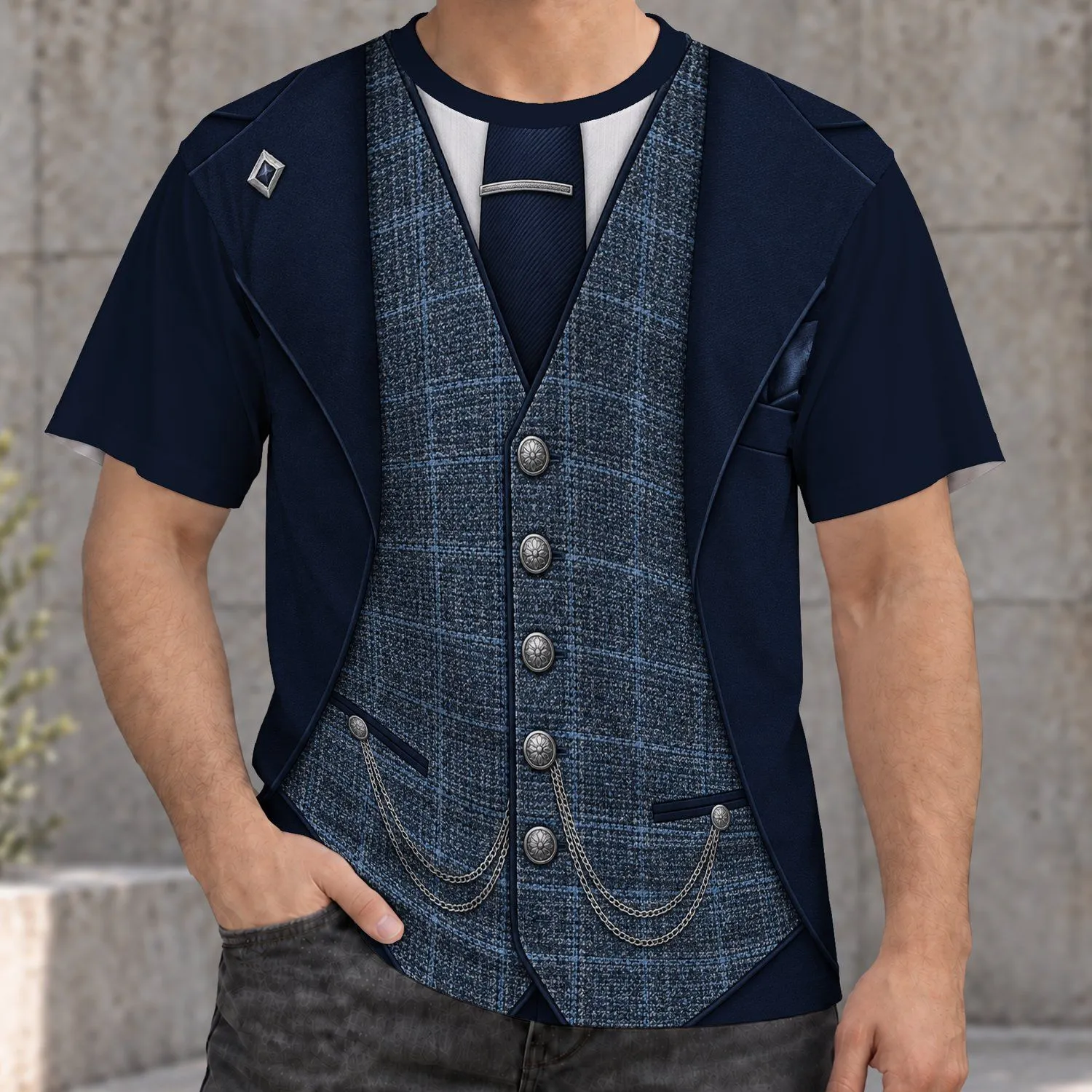 Navy Tweed Gentleman Vest Look for Office Days and Elegant Evening Style for Men All-over Print Unisex T-shirt - 1