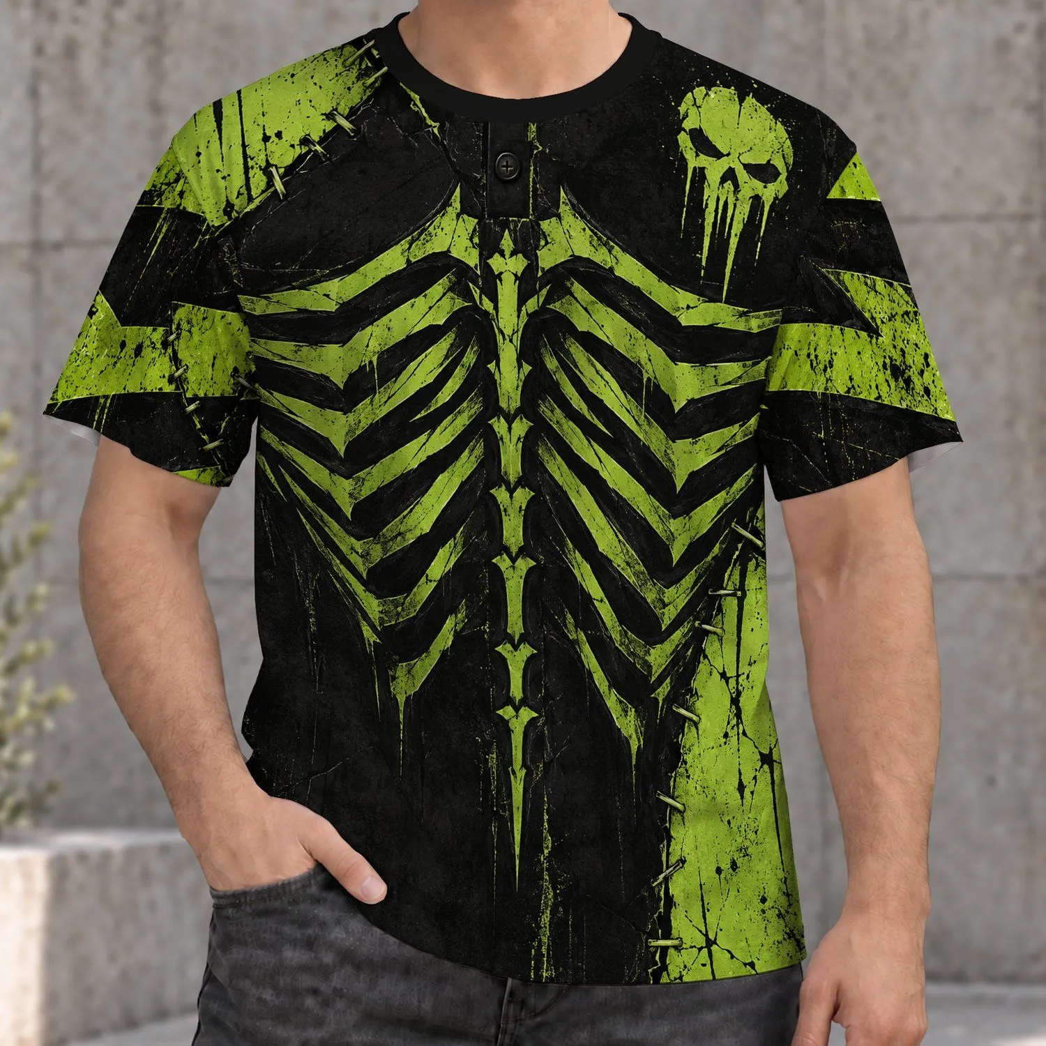 Neon Green Skeleton Rib Cage and Skull for Halloween Horror Party Season All-over Print Unisex T-shirt - 1