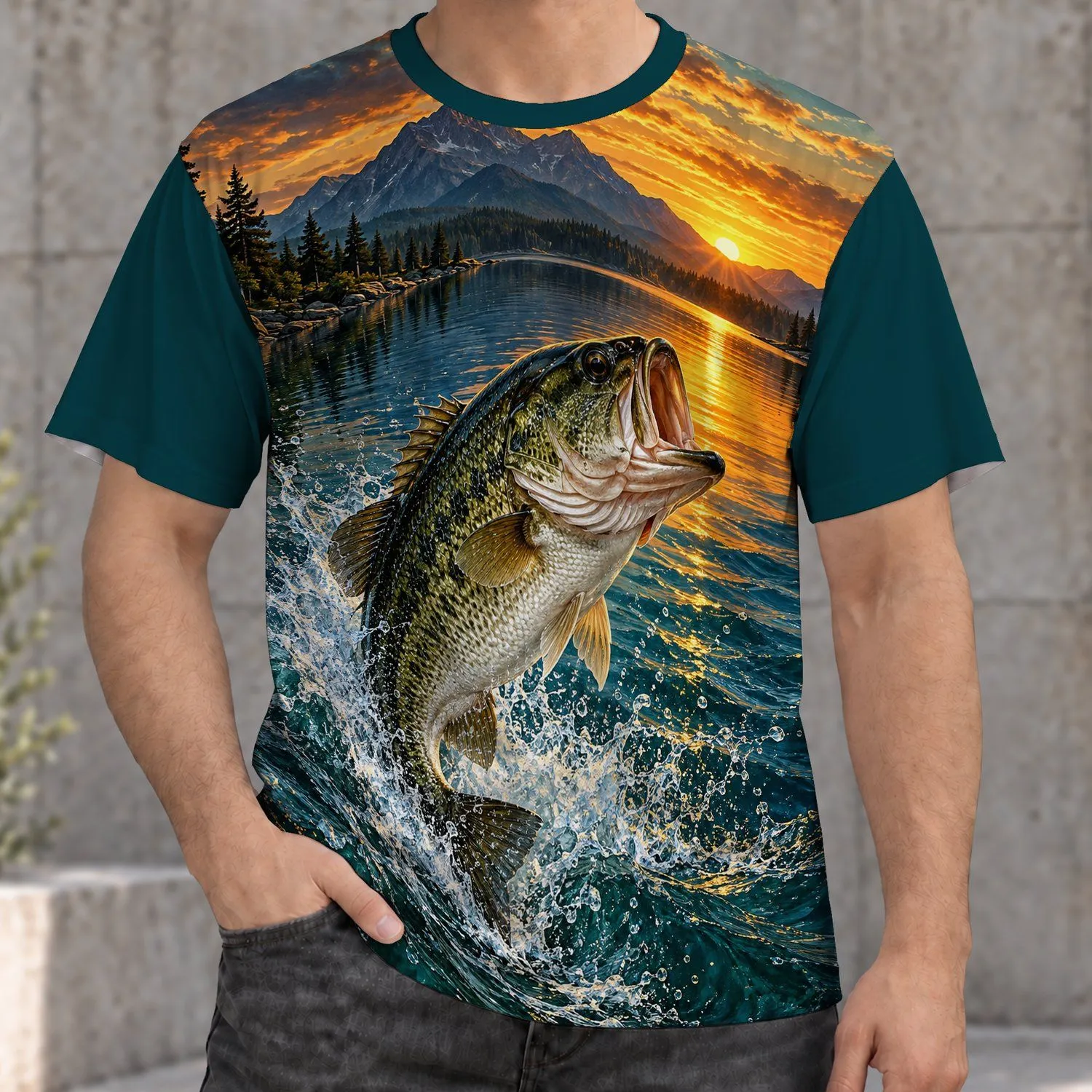 Largemouth Bass at Sunset with Mountain Lake Scenery for Outdoor Anglers and Lake Lovers All-over Print Unisex T-shirt - 1