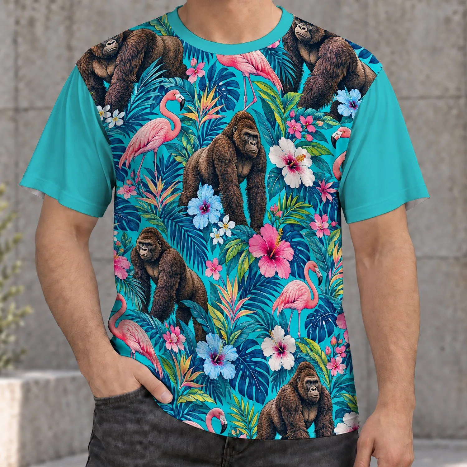 Tropical Flamingos, Gorillas And Hibiscus For Island Getaways And Summer Celebrations All-over Print Unisex T-shirt - 1