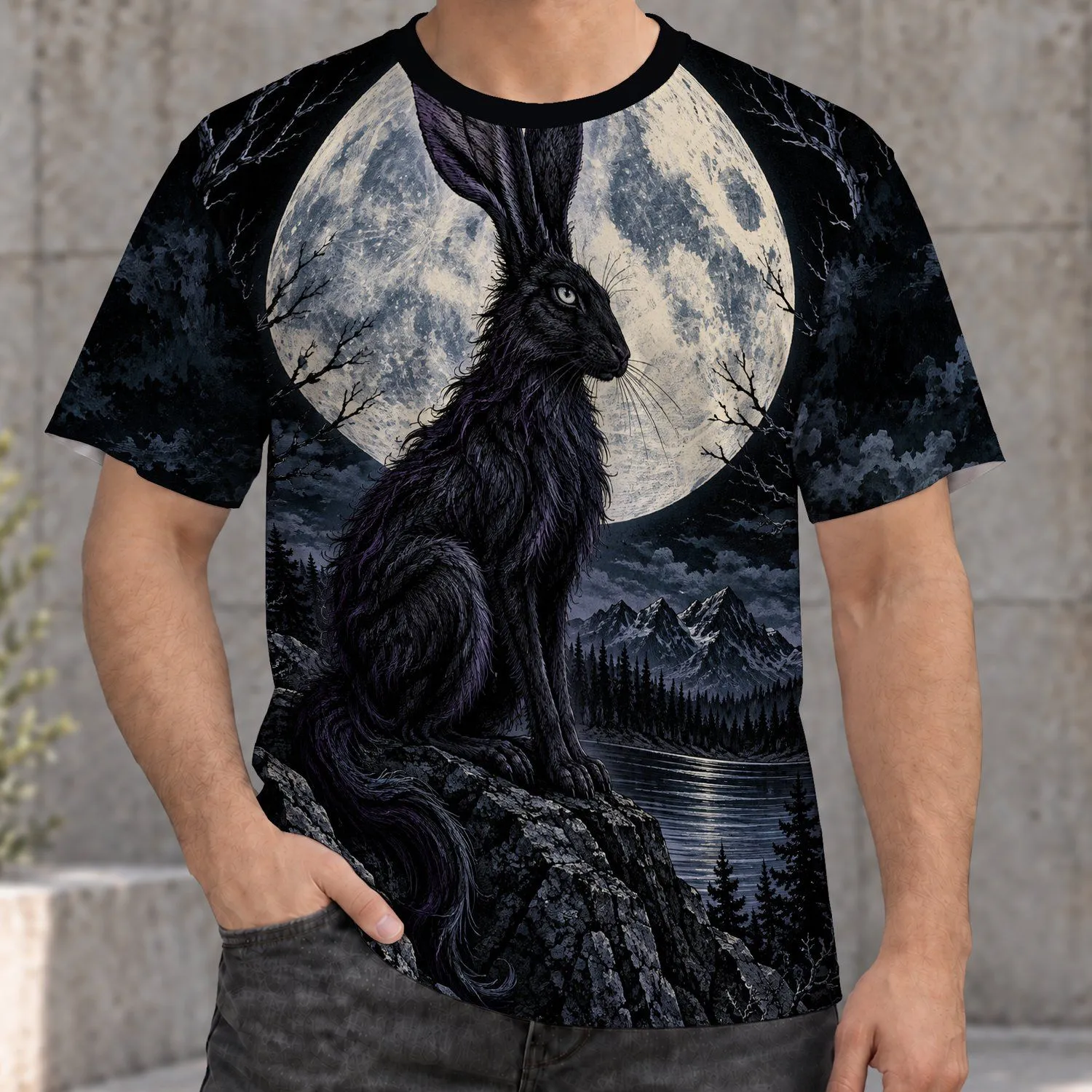 Moonlit Gothic Hare Beneath a Full Moon for Dark Fantasy Nights and Woodland Dreamers All-over Print Unisex T-shirt - 1