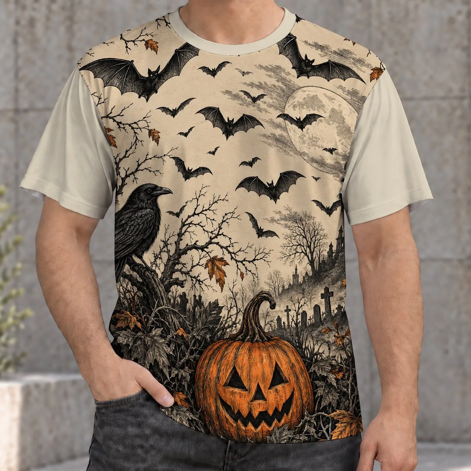 Vintage Halloween Bats, Pumpkins And Raven For Spooky Autumn Gatherings And Parties All-over Print Unisex T-shirt - 1