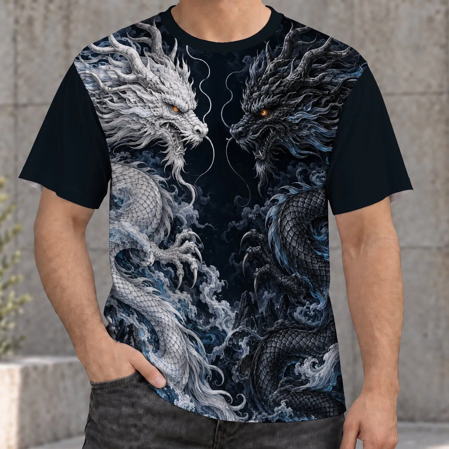 Monochrome Twin Dragon Motif for Outdoor Adventures, Travel and Streetwear Style All-over Print Unisex T-shirt - 1