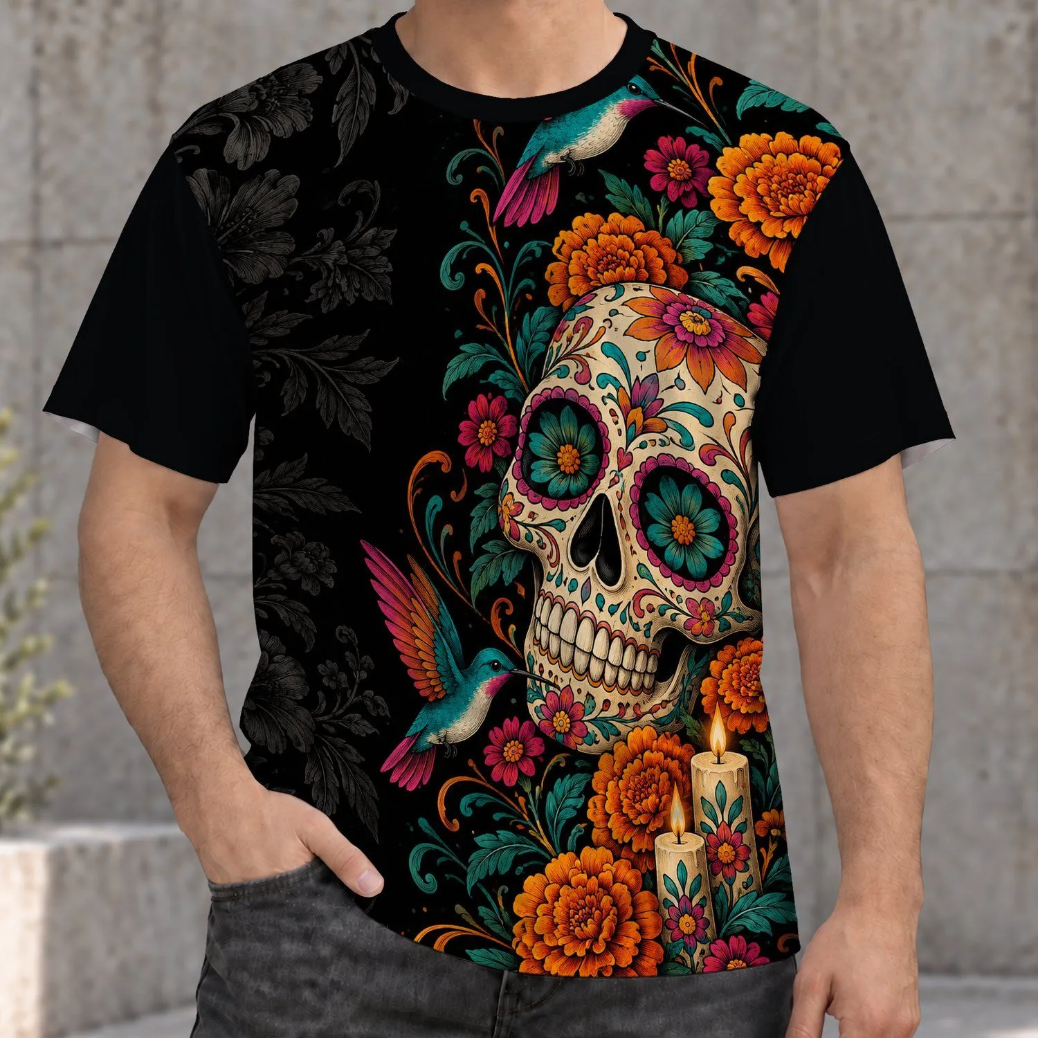 Sugar Skull, Marigold Flowers and Hummingbirds for Día de Muertos Celebrations All-over Print Unisex T-shirt - 1
