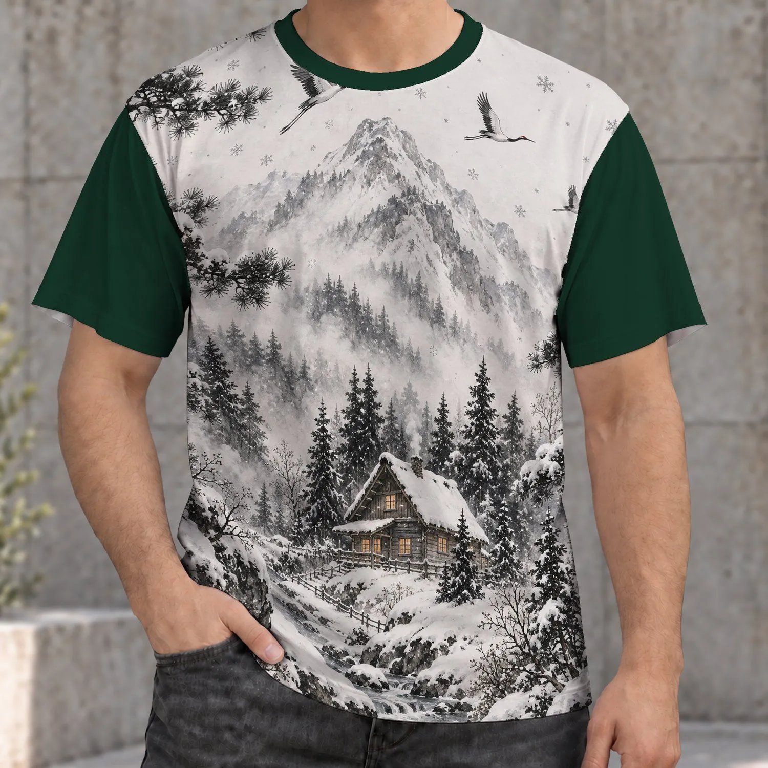 Winter Forest Flying Cranes Snowflakes Snowy Mountain Cabin And Cranes For Christmas All-over Print Unisex T-shirt - 1
