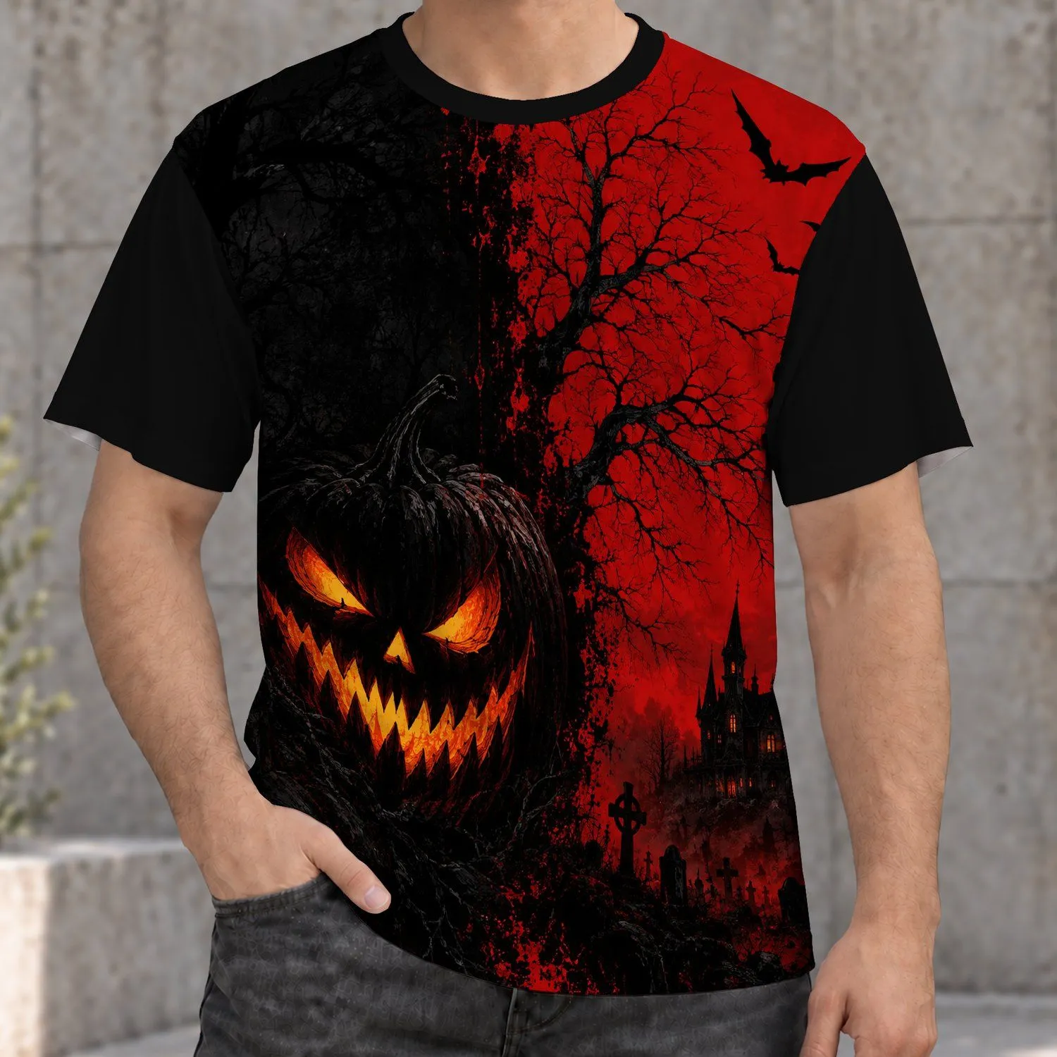Evil Pumpkin, Haunted Tree and Manor for Halloween Horror Party Nights All-over Print Unisex T-shirt - 1