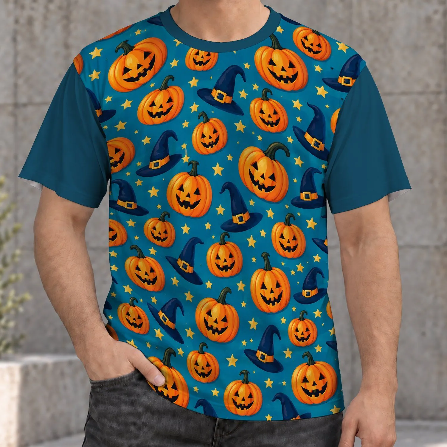Teal Halloween Pumpkins and Witch Hats for Spooky Autumn Party Celebrations All Season All-over Print Unisex T-shirt - 1