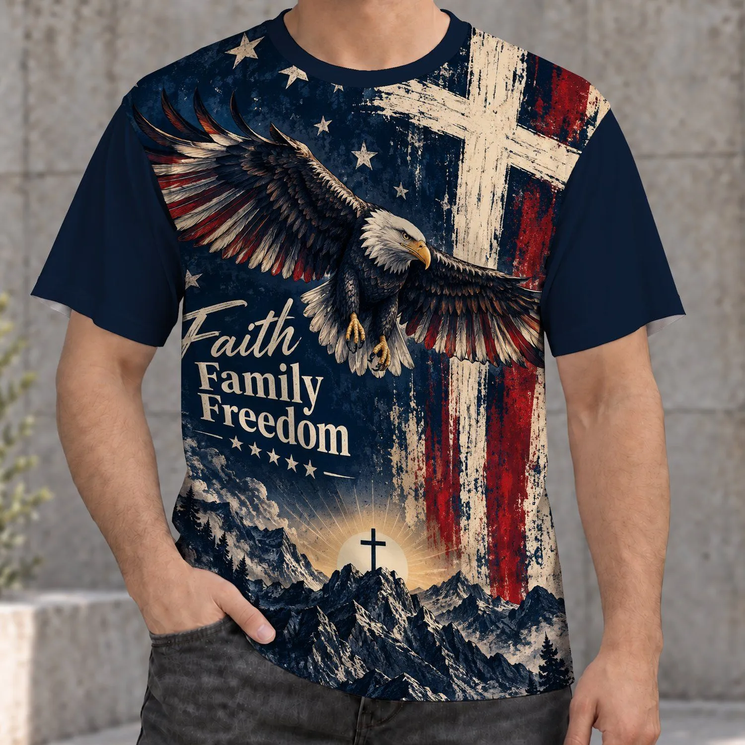 Bald Eagle Cross Mountain Sunrise Faith Art for Patriotic Worship and Freedom Gatherings All-over Print Unisex T-shirt - 1
