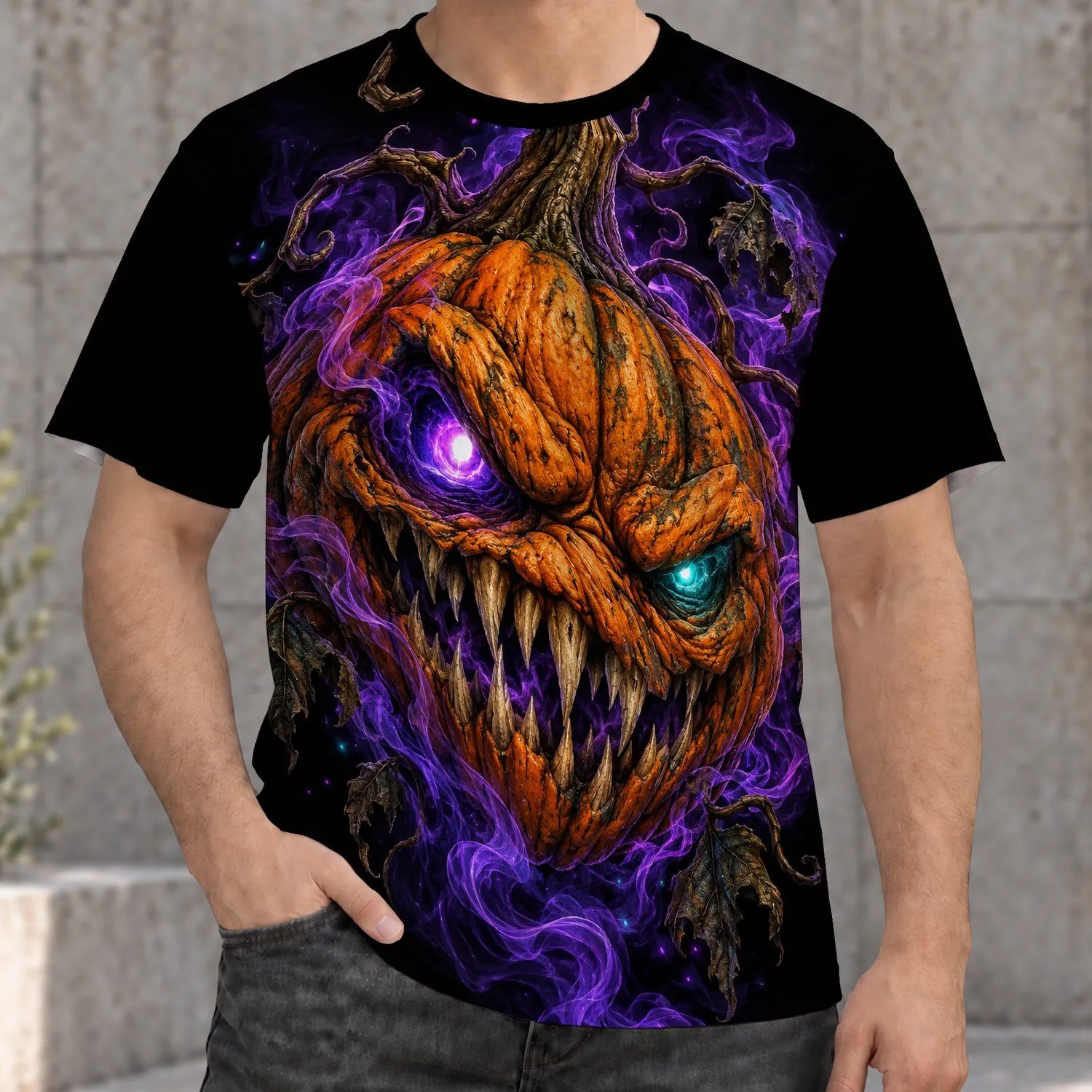 Glowing Purple-Eyed Pumpkin Monster for Halloween Nights and Spooky Autumn Gatherings All-over Print Unisex T-shirt - 1