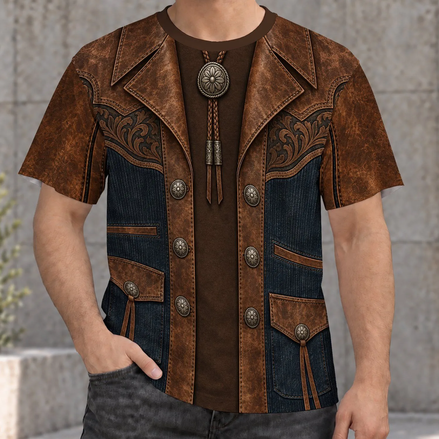 Western Ranch Leather Vest Look for Rodeo Nights and Rustic Country Weekends All-over Print Unisex T-shirt - 1