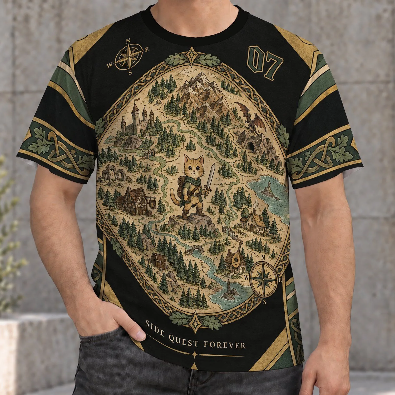 Fantasy Map Cat Adventurer Side Quest for Halloween Cosplay and Game Night Fans All-over Print Unisex T-shirt - 1