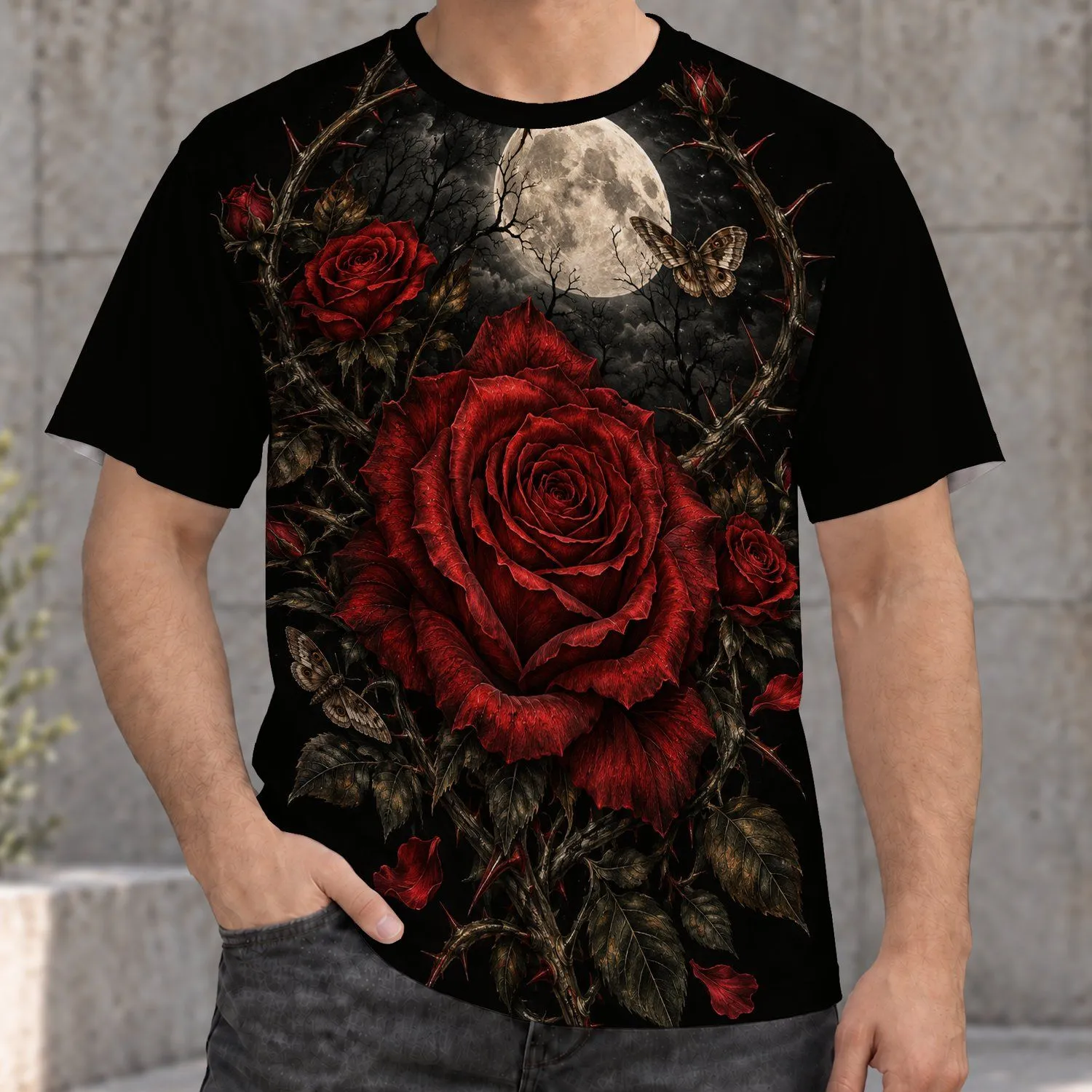 Crimson Thorned Rose Beneath a Full Moon for Gothic Romance and Dark Botanical Lovers All-over Print Unisex T-shirt - 1