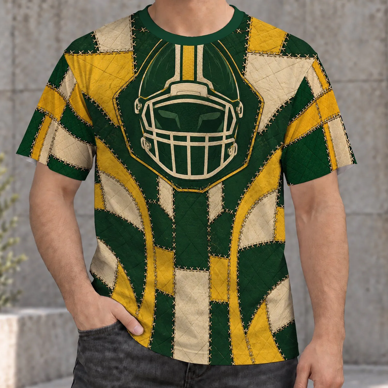 Forest Green Football Helmet Patchwork for Game Day and Outdoor Sports Fans All-over Print Unisex T-shirt - 1