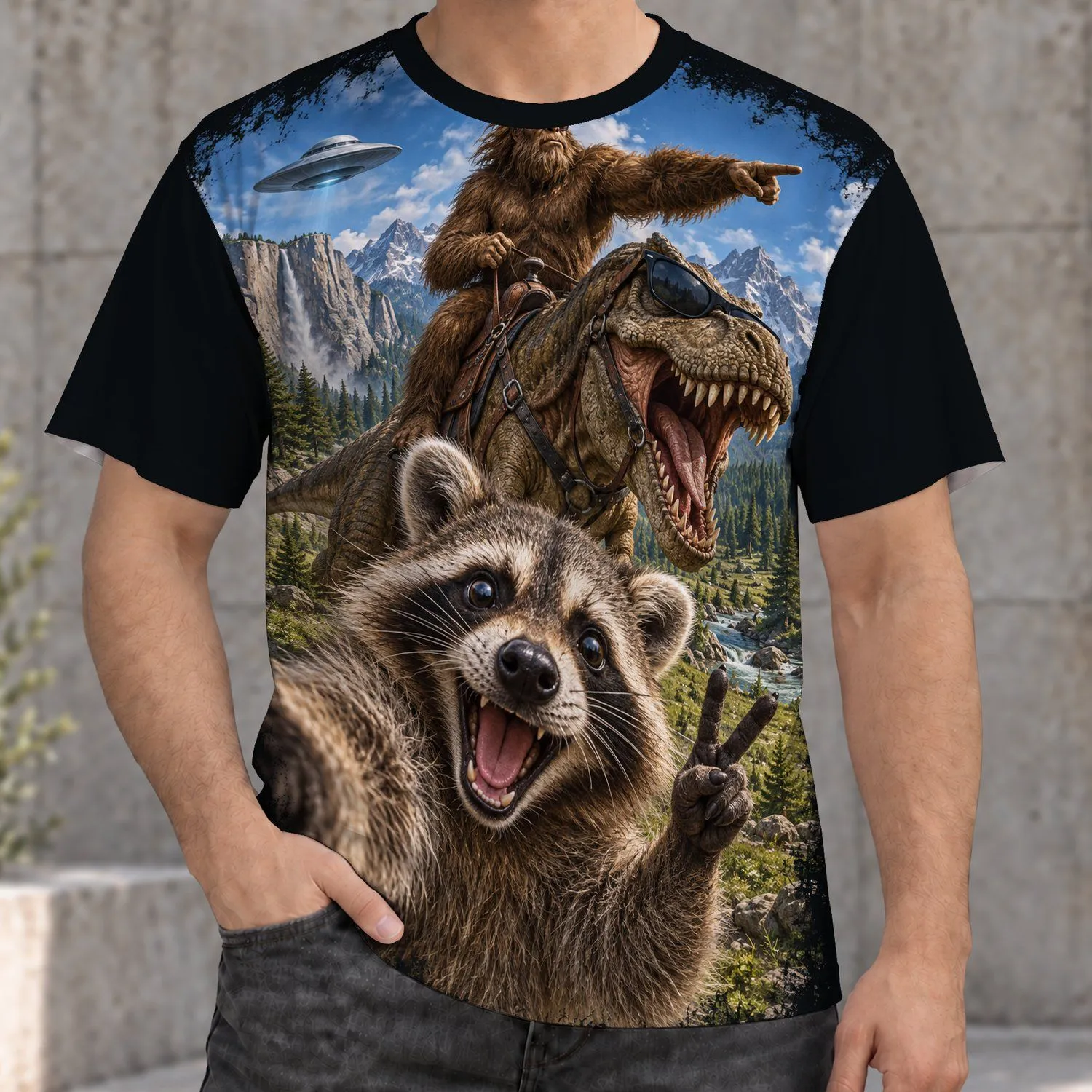 Sasquatch Riding Dinosaur and Raccoon Selfie, Funny Birthday Gift for Dad or Brother All-over Print Unisex T-shirt - 1