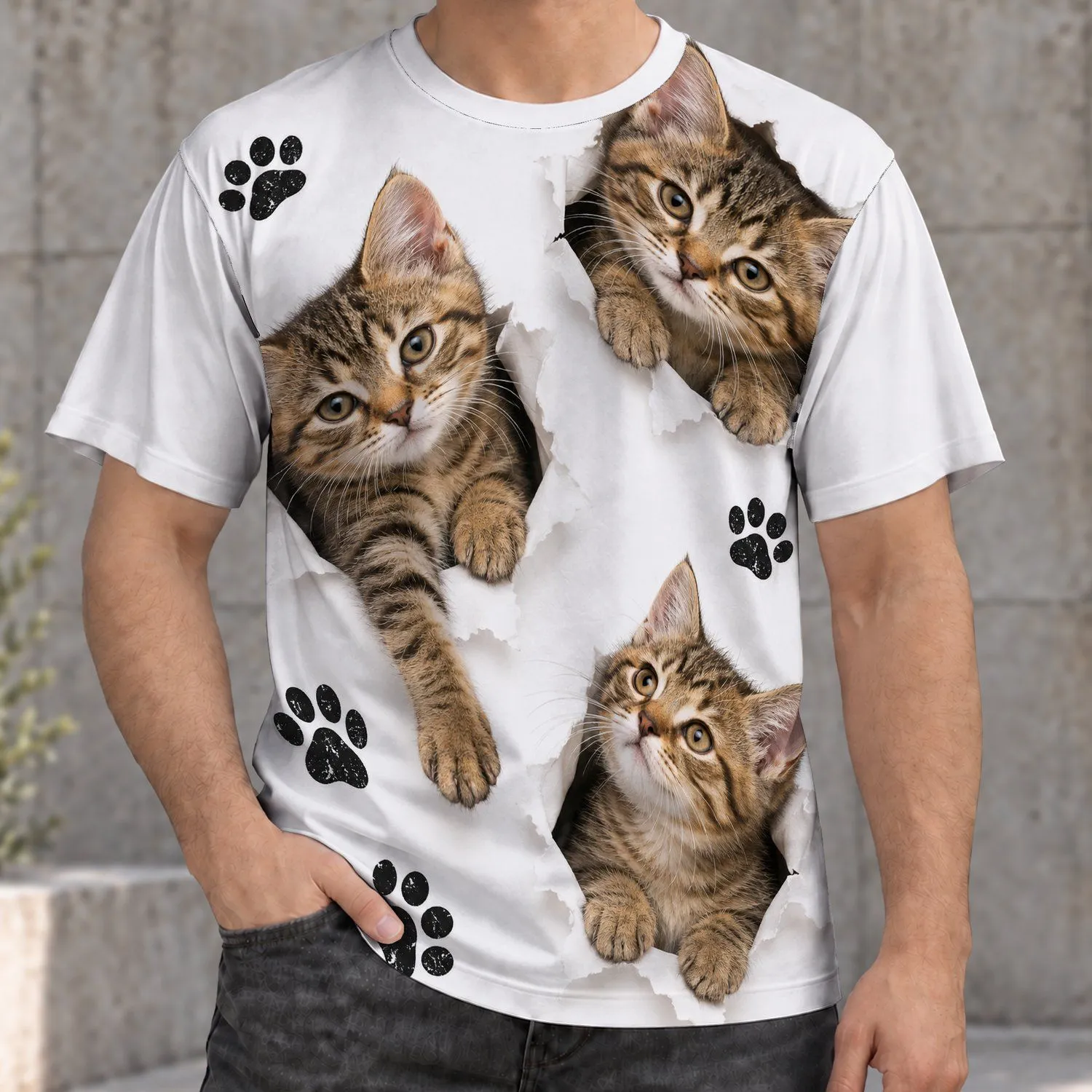 Curious Tabby Kittens And Paw Marks For Cat Lovers, Playful Everyday Gift For Pet Fans All-over Print Unisex T-shirt - 1