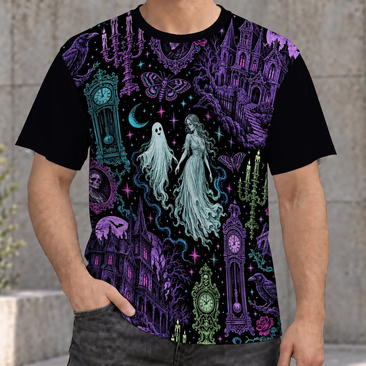 Haunted House, Ghosts And Gothic Clocks For Spooky Halloween Nights All-over Print Unisex T-shirt - 1