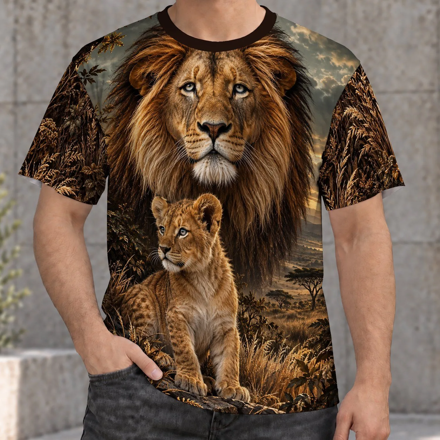 Majestic Lion and Cub Savannah Portrait for Wildlife Lovers and Nature Enthusiasts All-over Print Unisex T-shirt - 1