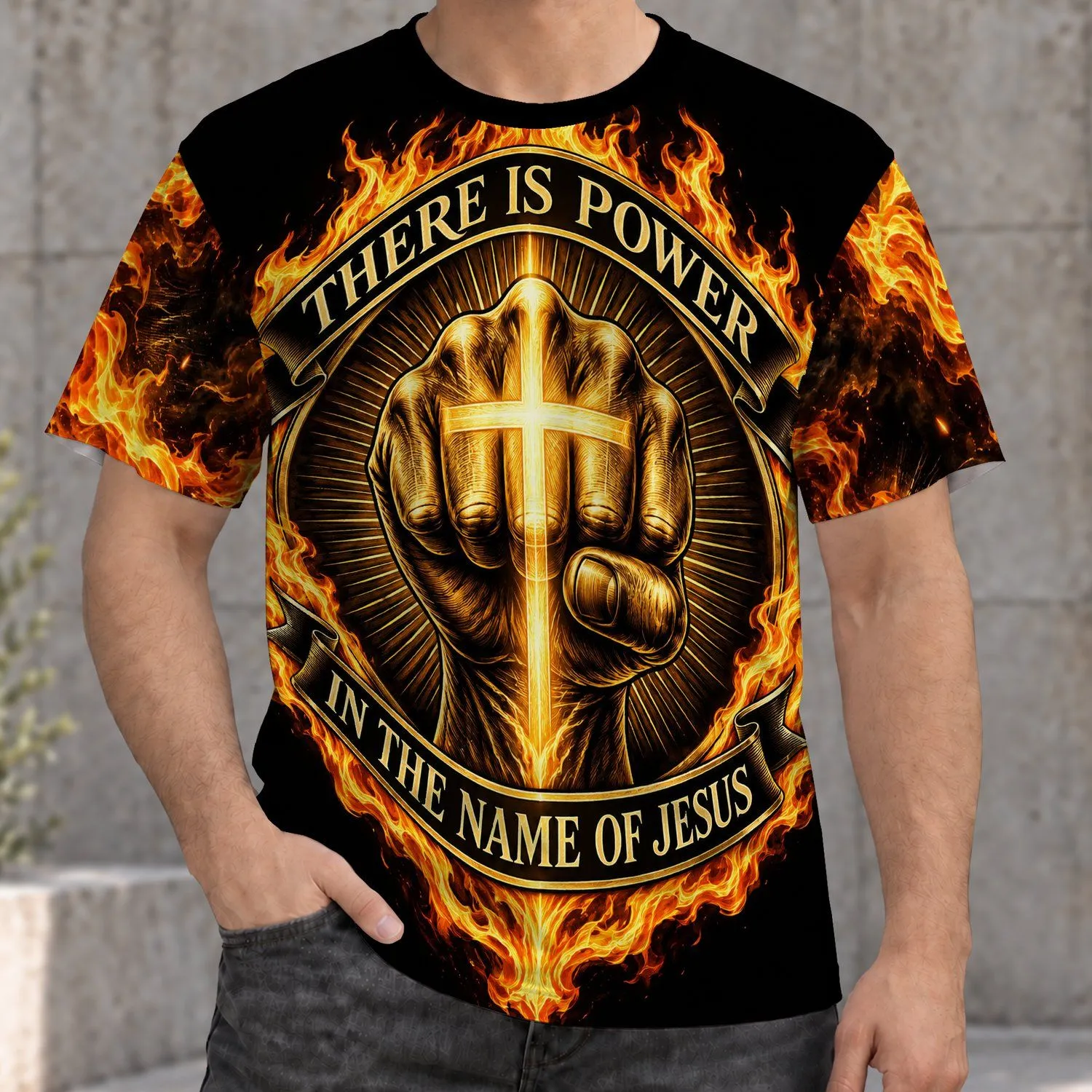 Fiery Golden Fist And Cross For Faith Gatherings And Everyday Strength For Men All-over Print Unisex T-shirt - 1