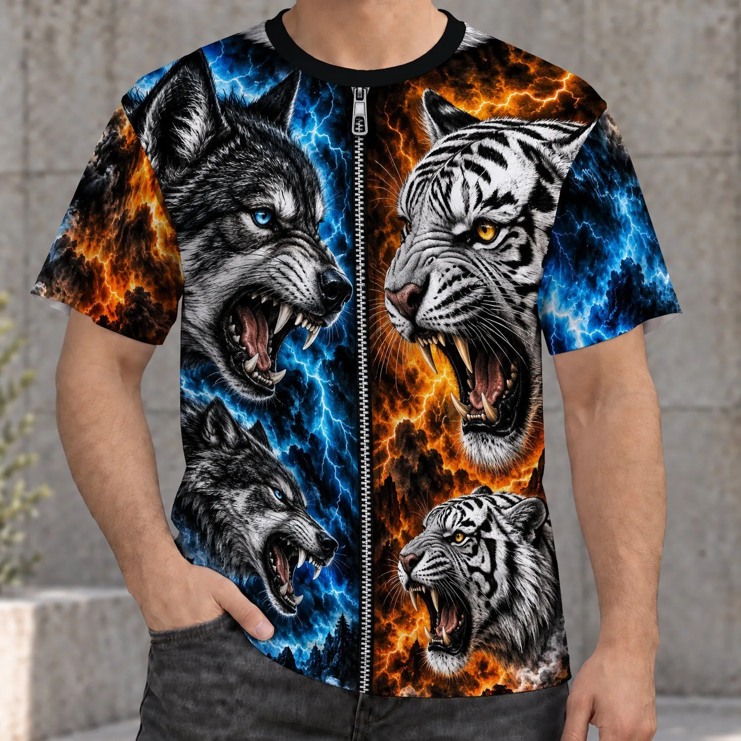 Wolf And Tiger Face-Off For Bold Outdoor Adventure Enthusiasts All-over Print Unisex T-shirt - 1