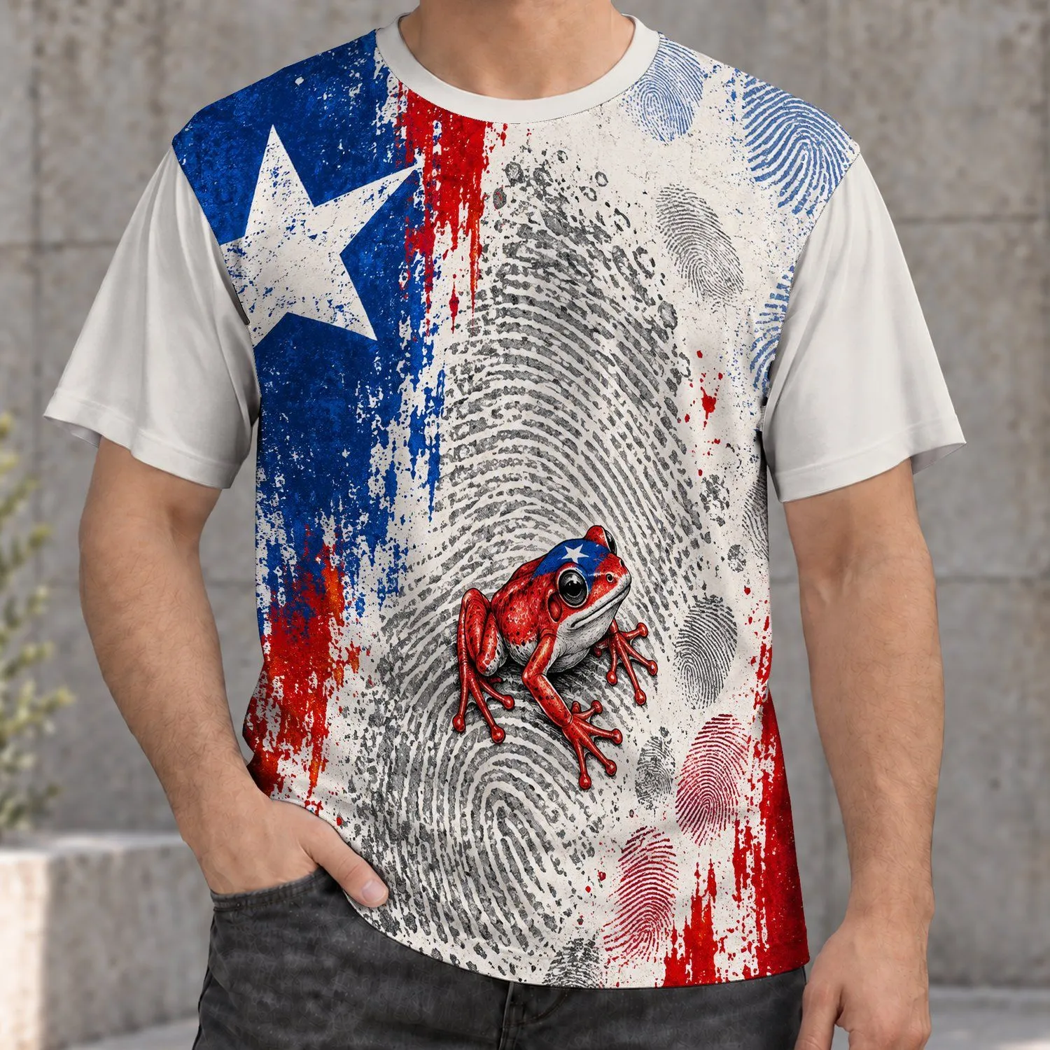 Puerto Rican Flag Frog for Island Pride, Cultural Celebrations and Urban Weekend Wear All-over Print Unisex T-shirt - 1