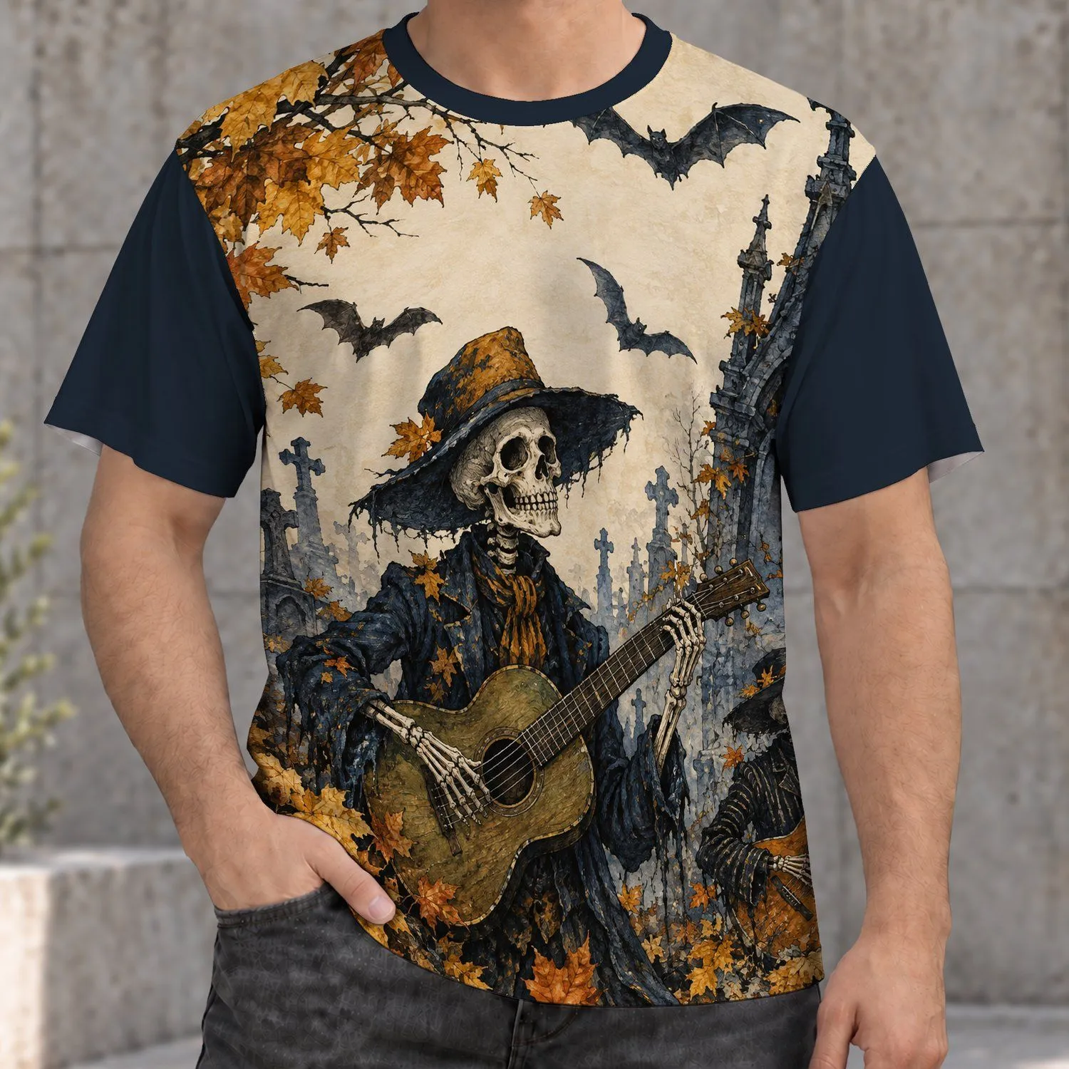Skeleton Guitarists, Bats and Autumn Leaves for Halloween Night Celebrations All-over Print Unisex T-shirt - 1