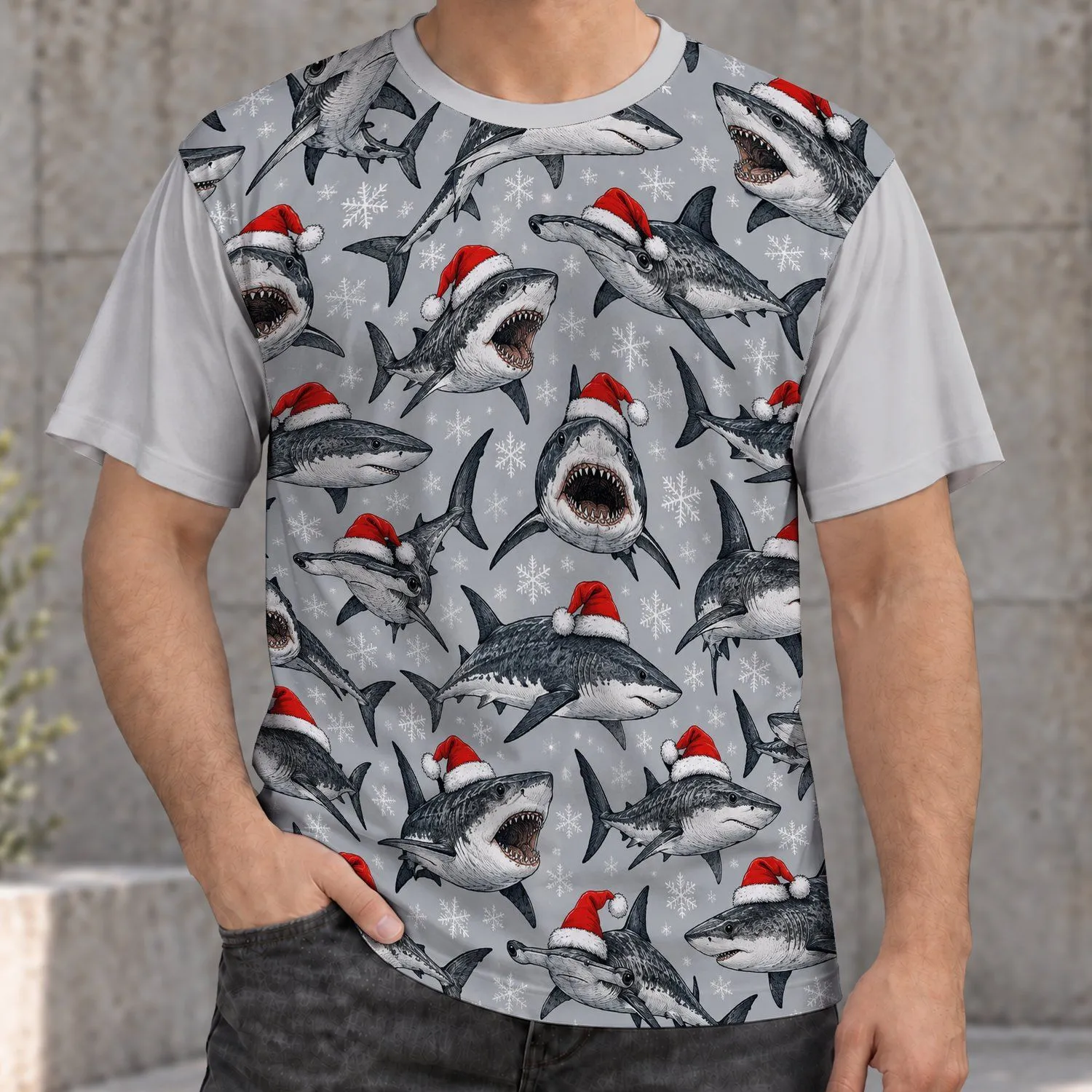 Christmas Shark Holiday Gift for Ocean Lovers, Festive Sea Life Fans and Men All-over Print Unisex T-shirt - 1