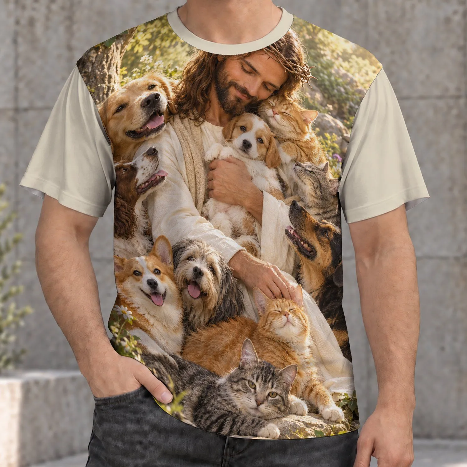 Bearded Robed Savior with Cats and Dogs for Faithful Animal Lovers and Christian Gift Seekers All-over Print Unisex T-shirt - 1