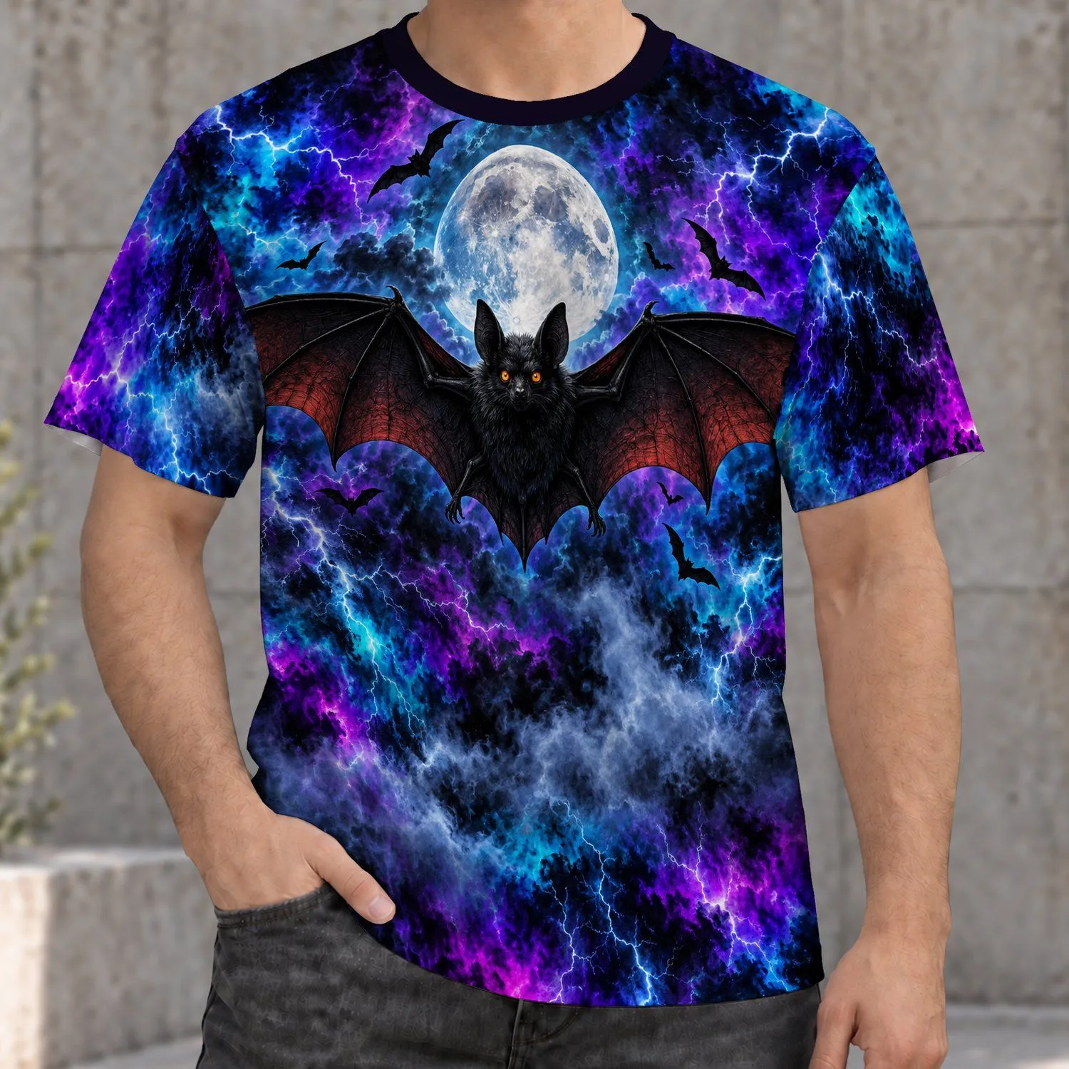 Giant Bat Beneath Full Moon for Halloween Parties and Spooky Autumn Nights All Season All-over Print Unisex T-shirt - 1