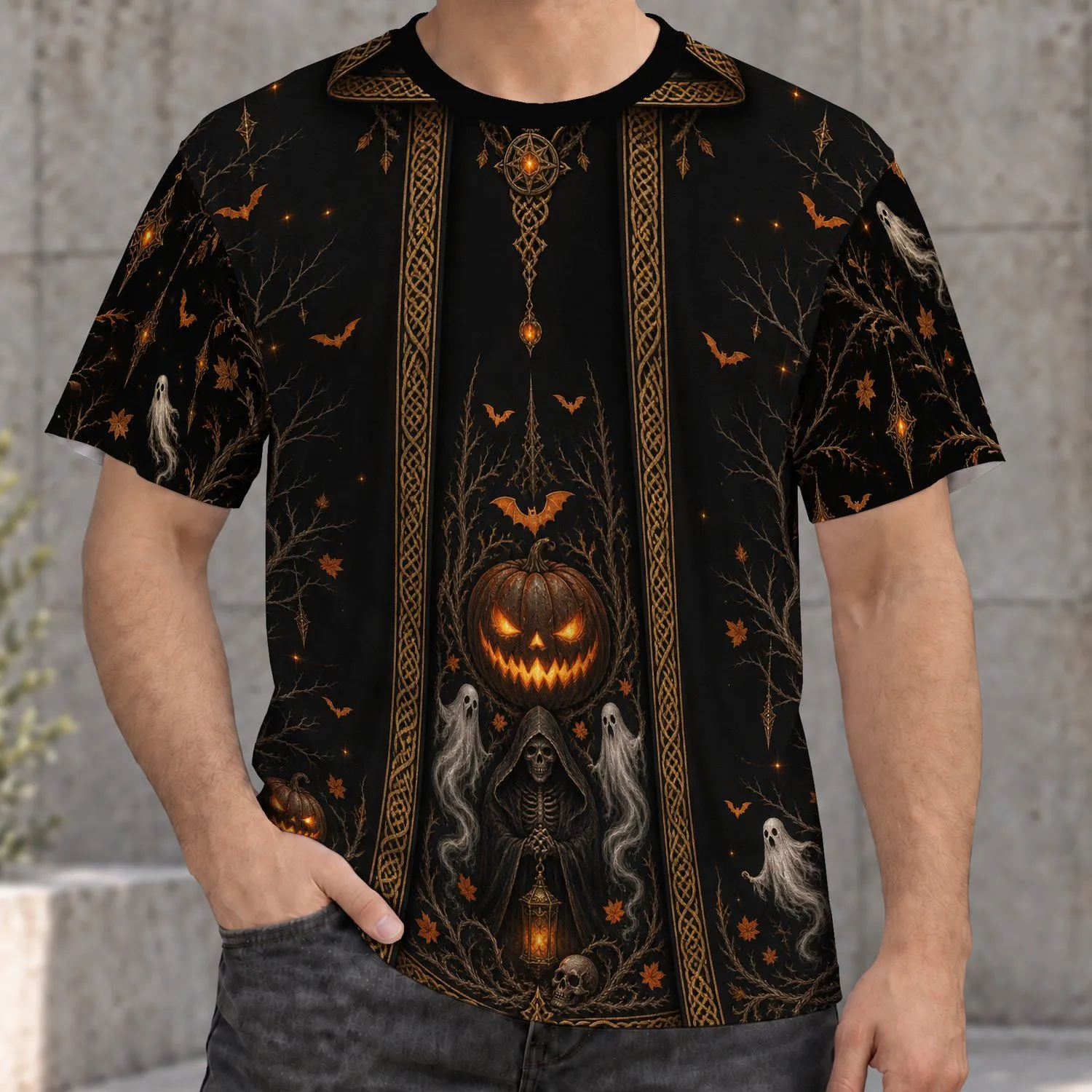 Glowing Pumpkin Ghosts and Reaper for Halloween Parties and Spooky Autumn Nights All-over Print Unisex T-shirt - 1