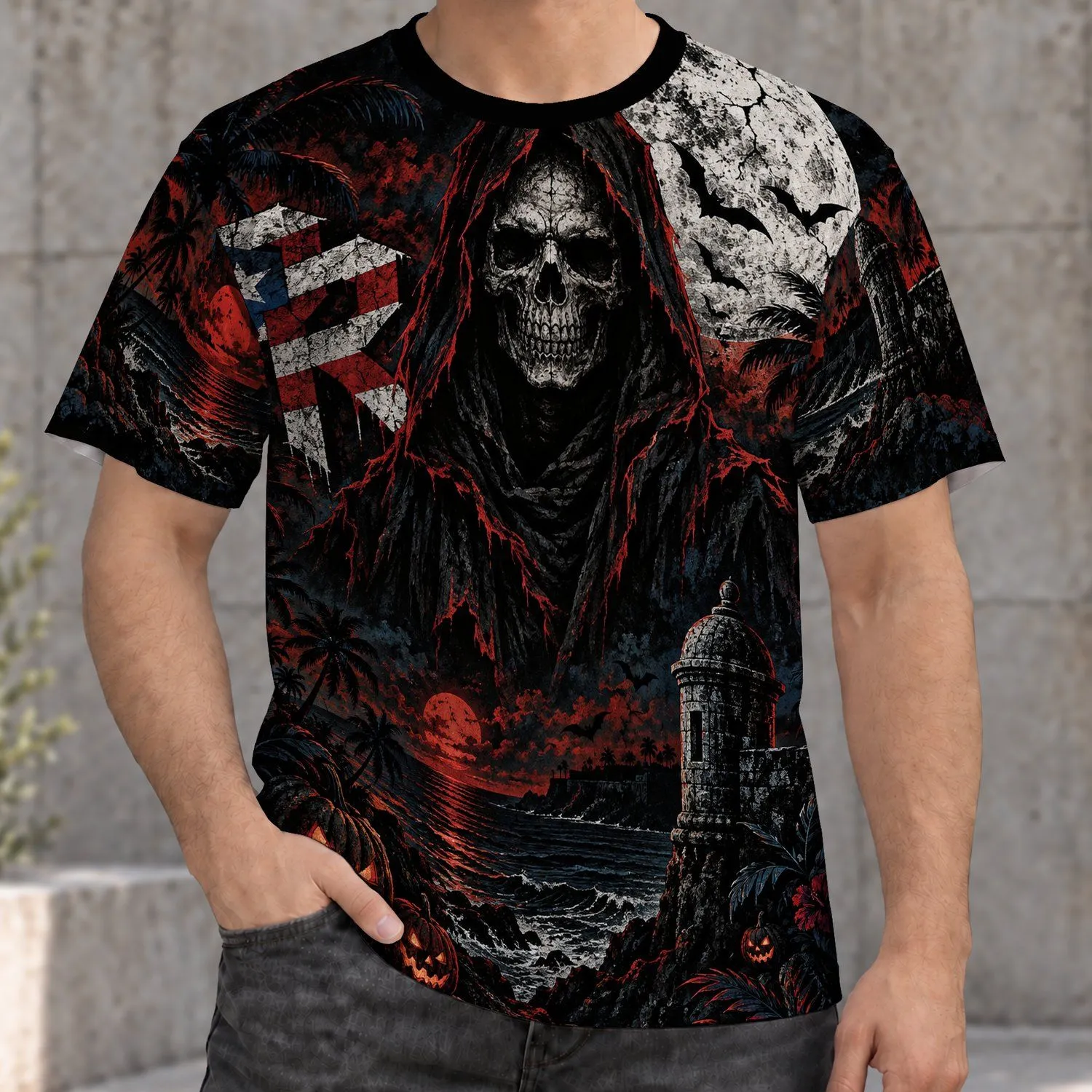 Hooded Skull, Puerto Rico Flag and Bats for Halloween Nights and Island Celebrations All-over Print Unisex T-shirt - 1