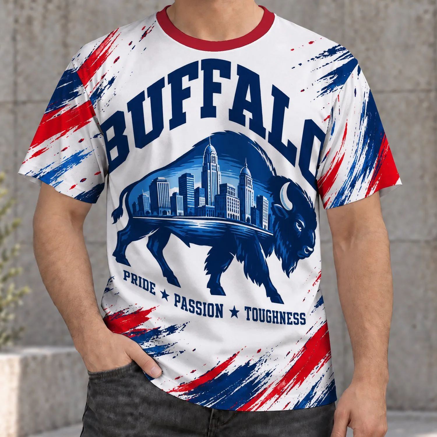 Buffalo Skyline And Bison Emblem For Game Day And City Pride Supporters All-over Print Unisex T-shirt - 1
