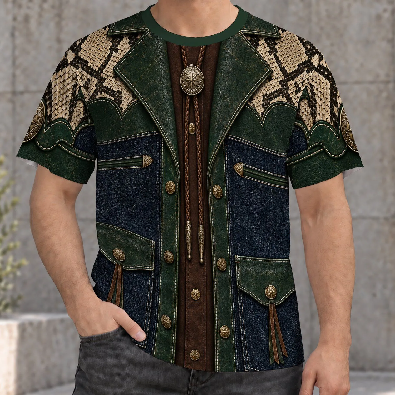 Western Patchwork Jacket And Bolo Tie Look For Rodeo Nights And Casual Weekends All-over Print Unisex T-shirt - 1