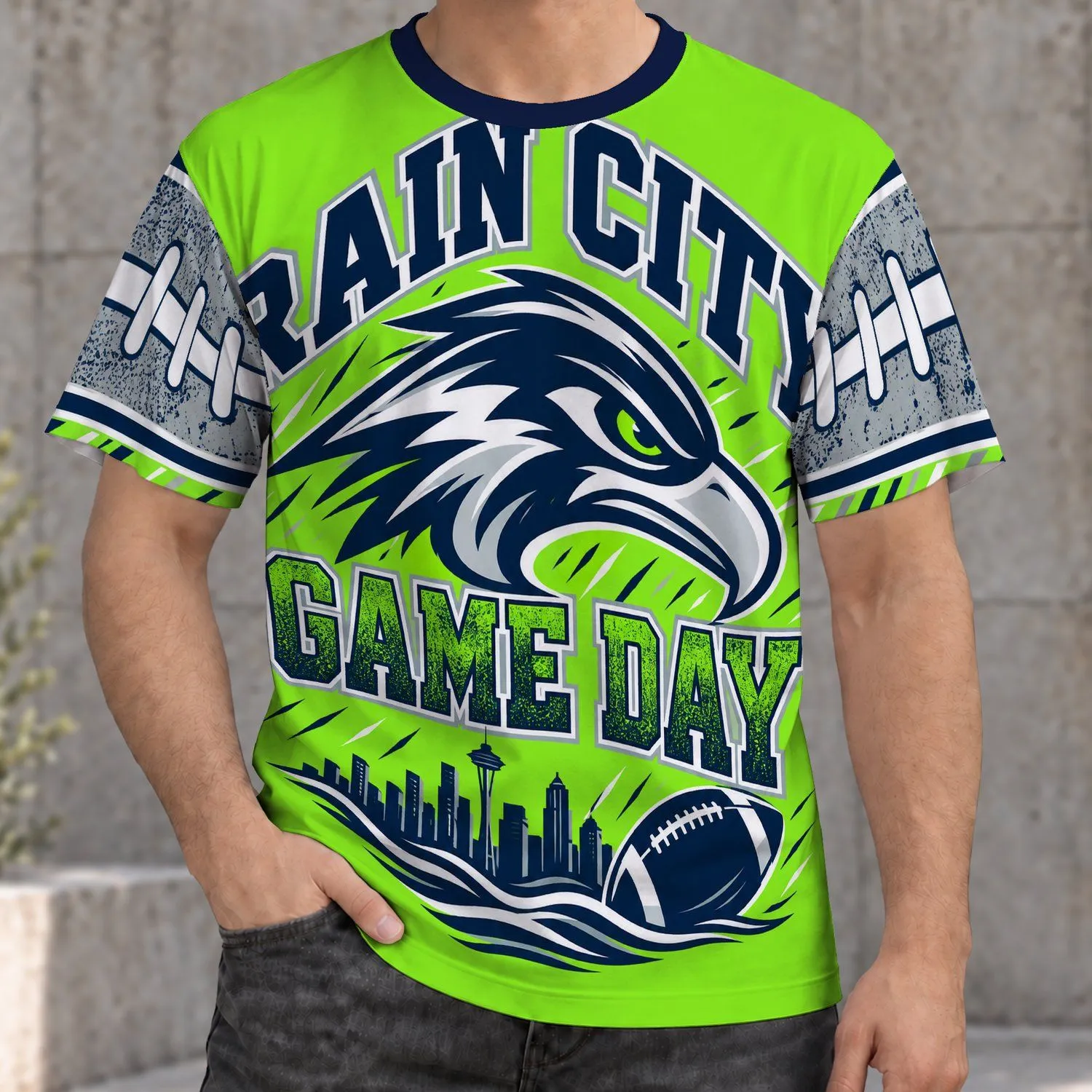 Rain City Football And Skyline Art For Game Day Celebrations And Seattle Fans All-over Print Unisex T-shirt - 1