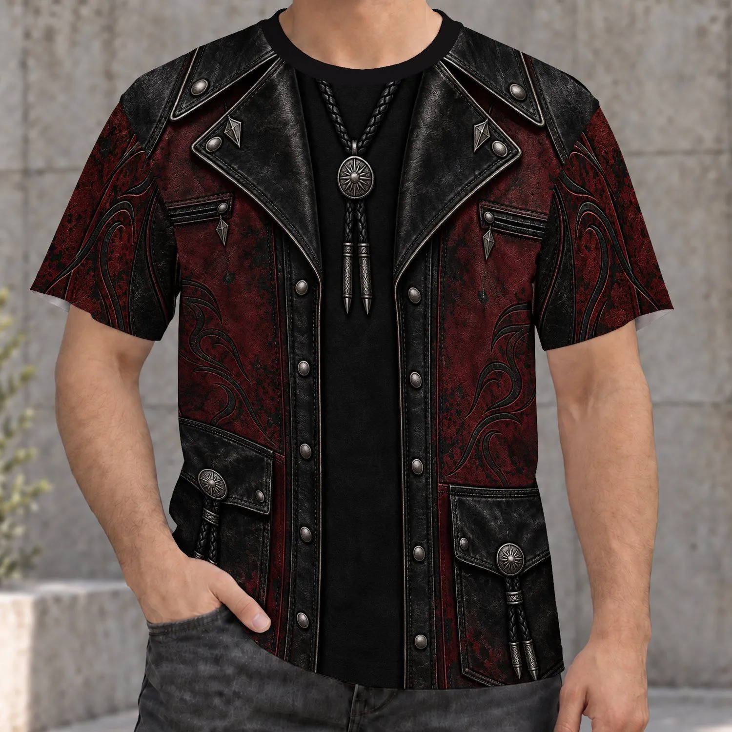 Burgundy Biker Jacket Style for Vintage Rock Nights and Motorcycle Enthusiasts All-over Print Unisex T-shirt - 1