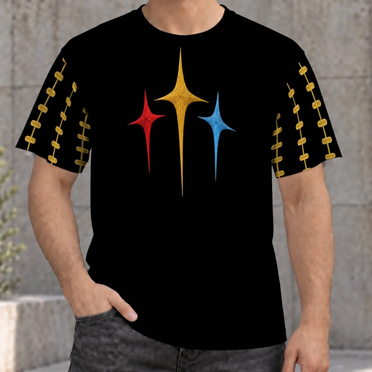 Three Color Starburst Motif for Bold Casual Streetwear and Everyday Urban Style All-over Print Unisex T-shirt - 1