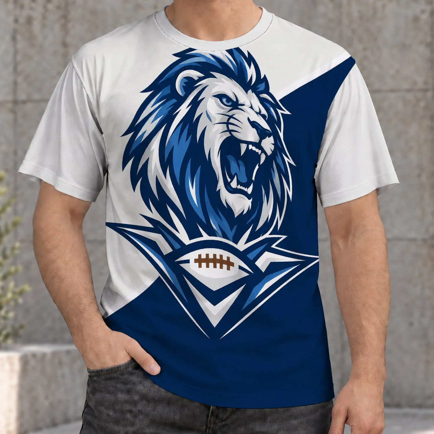 roaring lion mascot; navy And Blue Sports Color Blocking Roaring Lion Mascot in Navy and White All-over Print Unisex T-shirt - 1