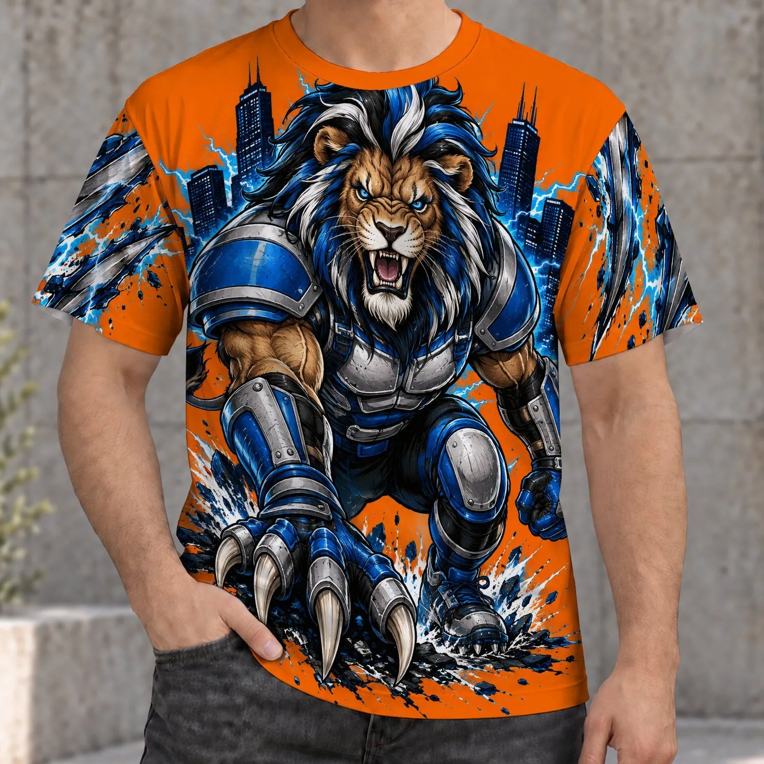 Armored Lion and City Skyline for Game Day and Football Fans All-over Print Unisex T-shirt - 1